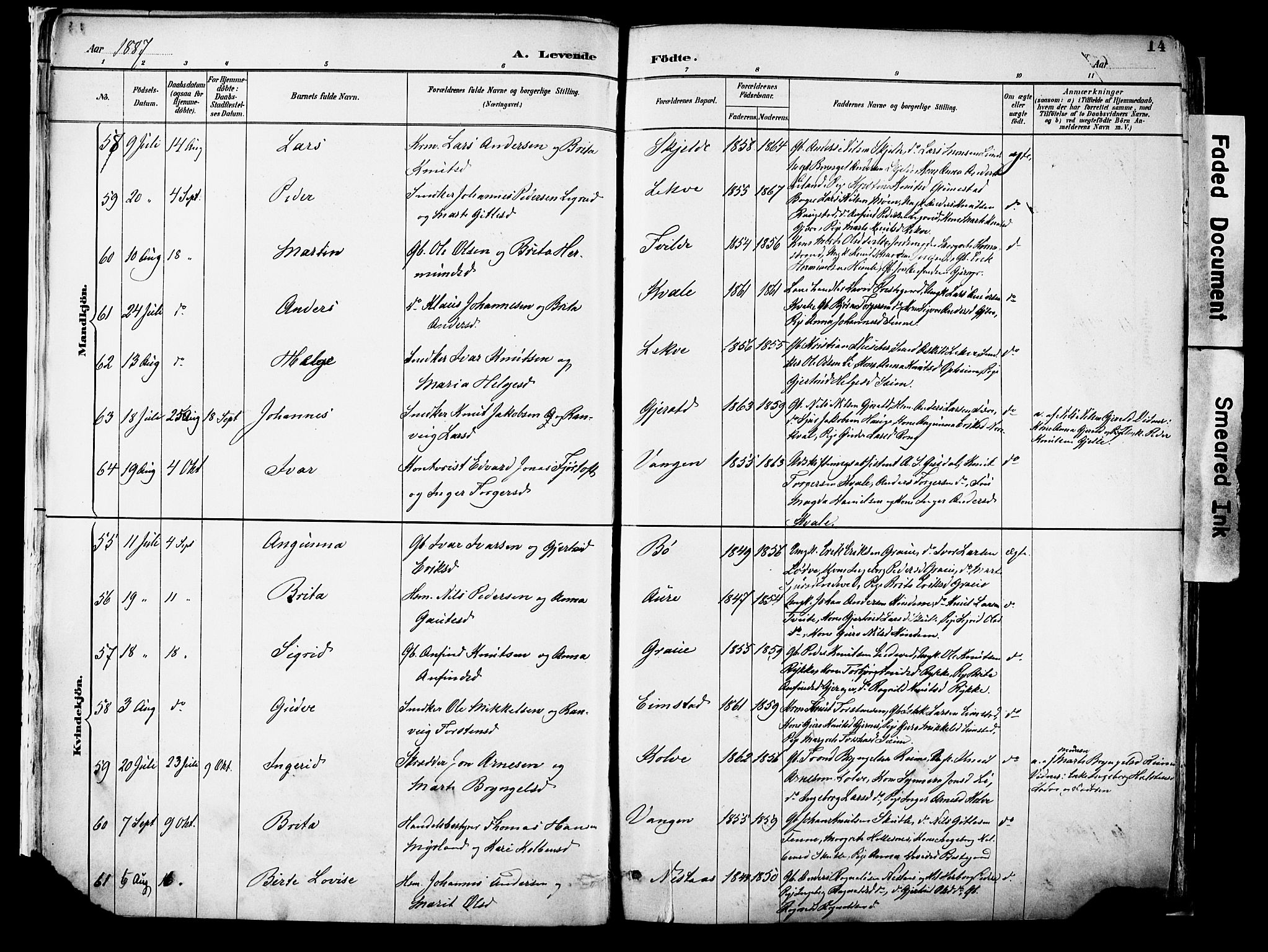 Voss sokneprestembete, AV/SAB-A-79001/H/Haa: Parish register (official) no. A 21, 1887-1903, p. 14
