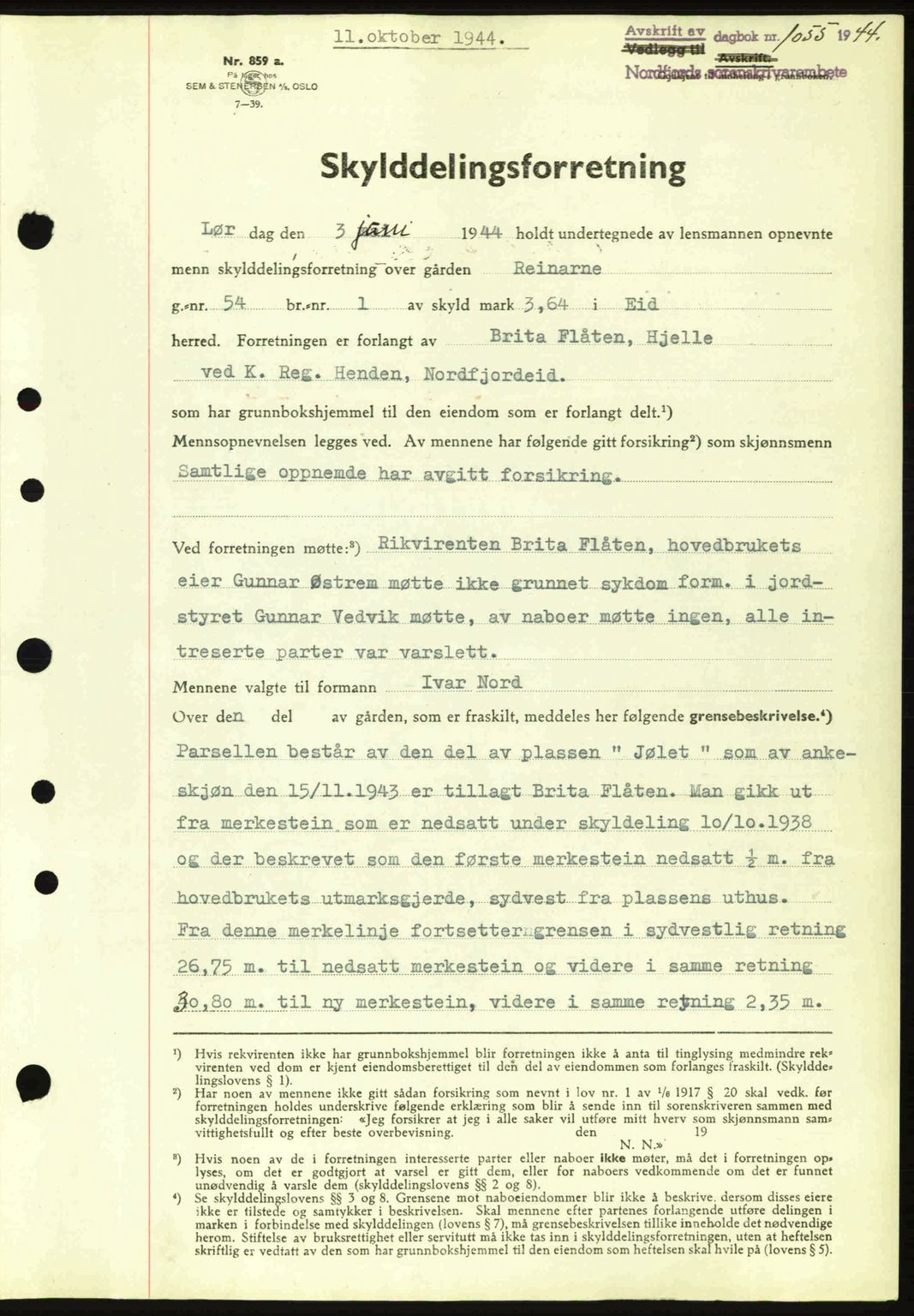 Nordfjord sorenskriveri, SAB/A-2801/02/02b/02bj/L0009a: Mortgage book no. A9 I, 1944-1944, Diary no: : 1055/1944