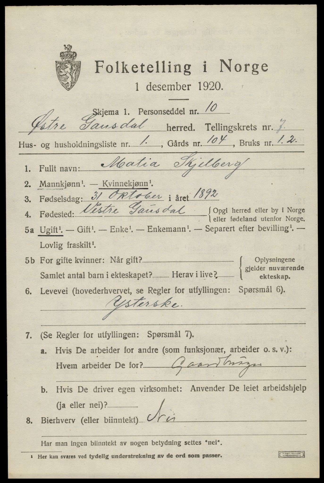 SAH, 1920 census for Østre Gausdal, 1920, p. 3866