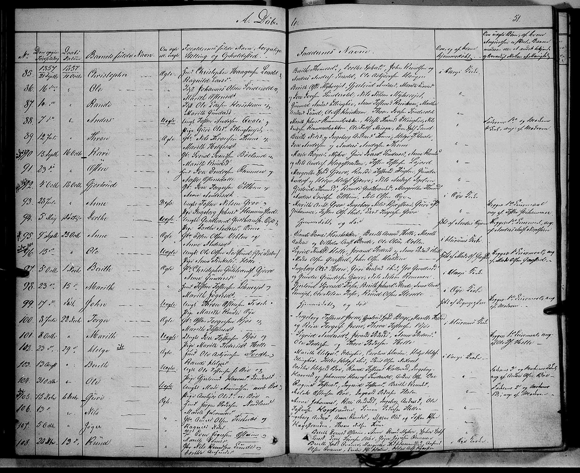 Vang prestekontor, Valdres, SAH/PREST-140/H/Ha/L0006: Parish register (official) no. 6, 1846-1864, p. 51