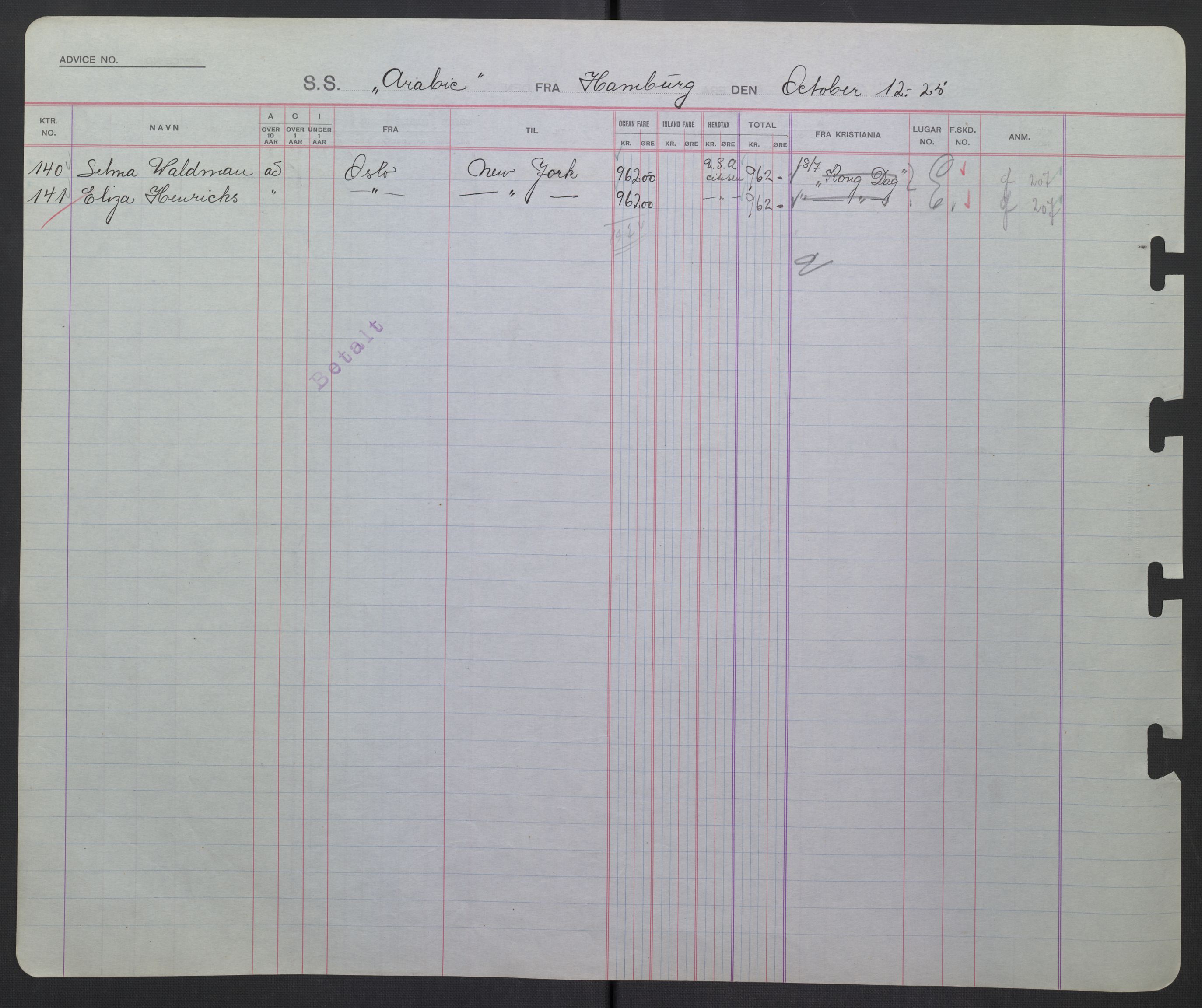 White Star-linjen, AV/SAO-PAO-0201/D/Db/L0002: Passasjerlister, 1924-1927, p. 147