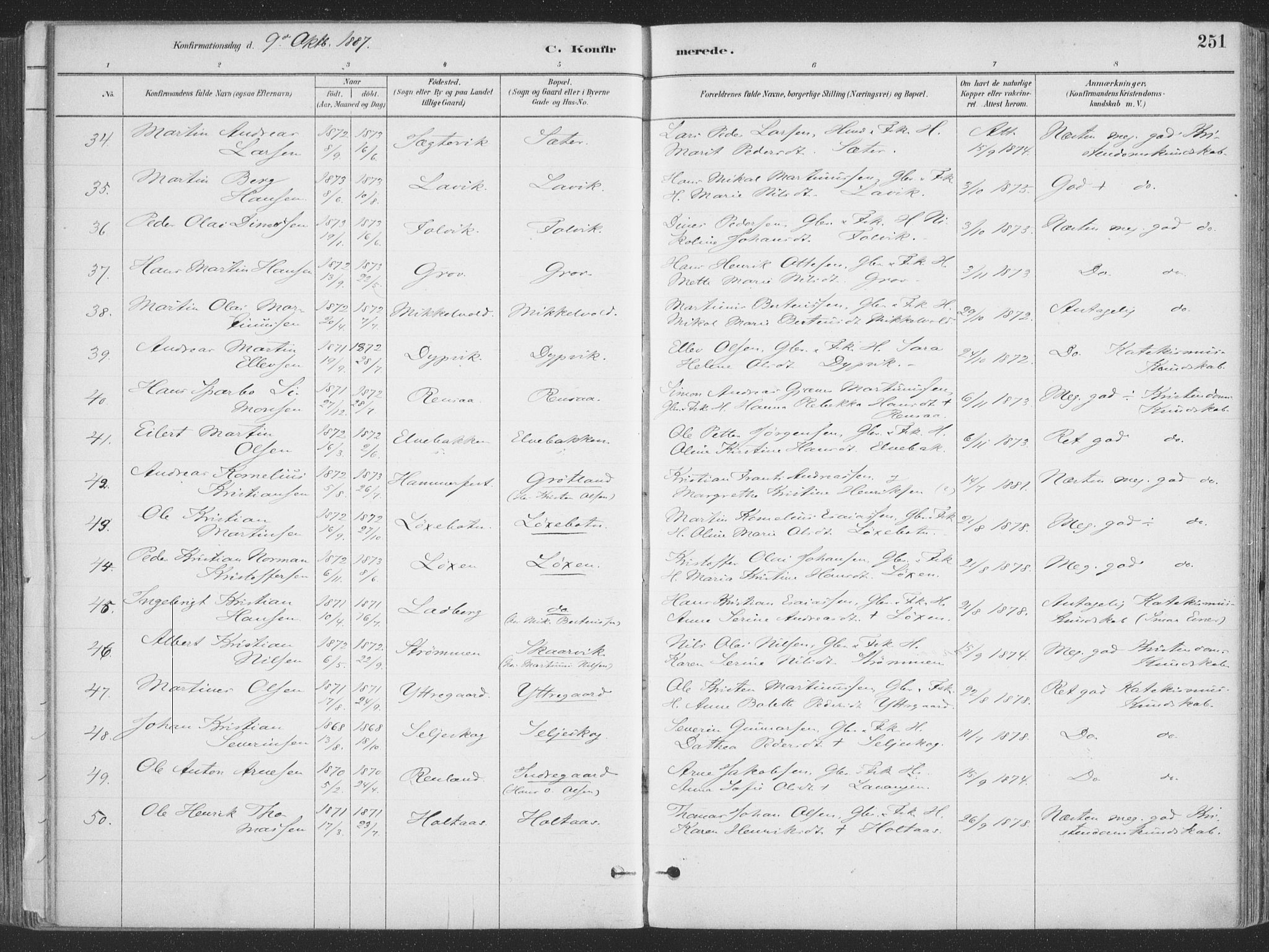 Ibestad sokneprestembete, AV/SATØ-S-0077/H/Ha/Haa/L0011kirke: Parish register (official) no. 11, 1880-1889, p. 251