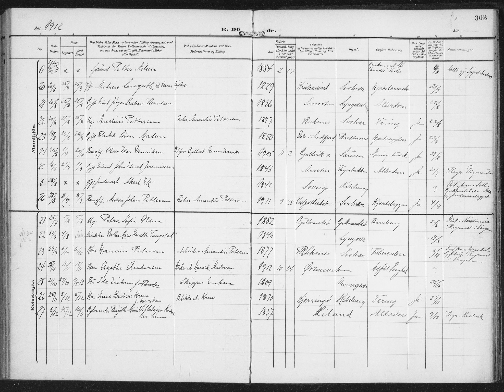 Ministerialprotokoller, klokkerbøker og fødselsregistre - Nordland, AV/SAT-A-1459/874/L1063: Parish register (official) no. 874A07, 1907-1915, p. 303