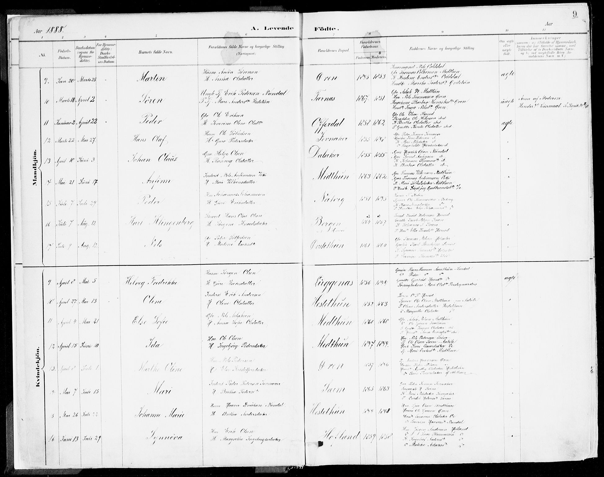 Årdal sokneprestembete, AV/SAB-A-81701: Parish register (official) no. A 5, 1887-1917, p. 9