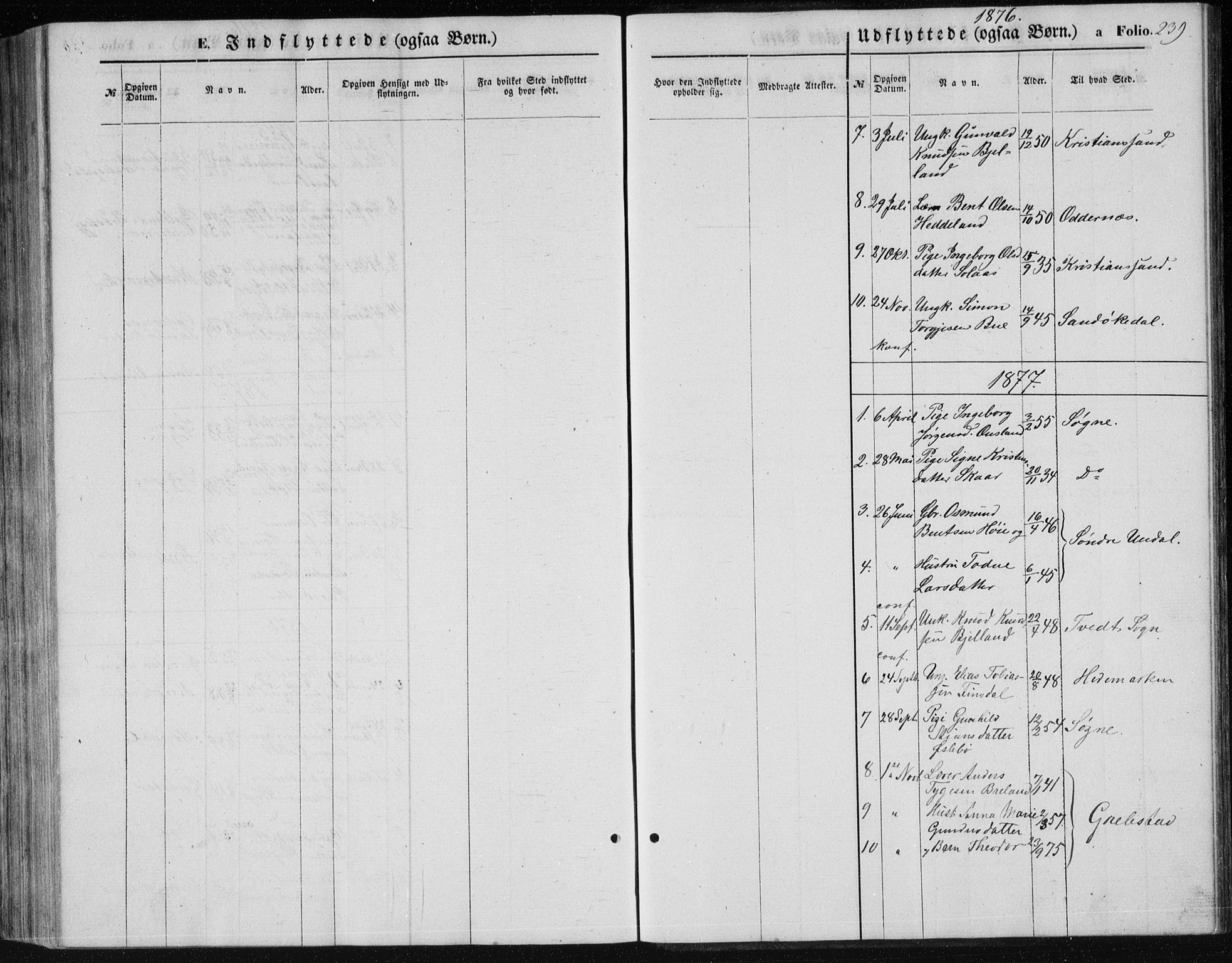 Holum sokneprestkontor, SAK/1111-0022/F/Fb/Fbc/L0002: Parish register (copy) no. B 2, 1860-1882, p. 239