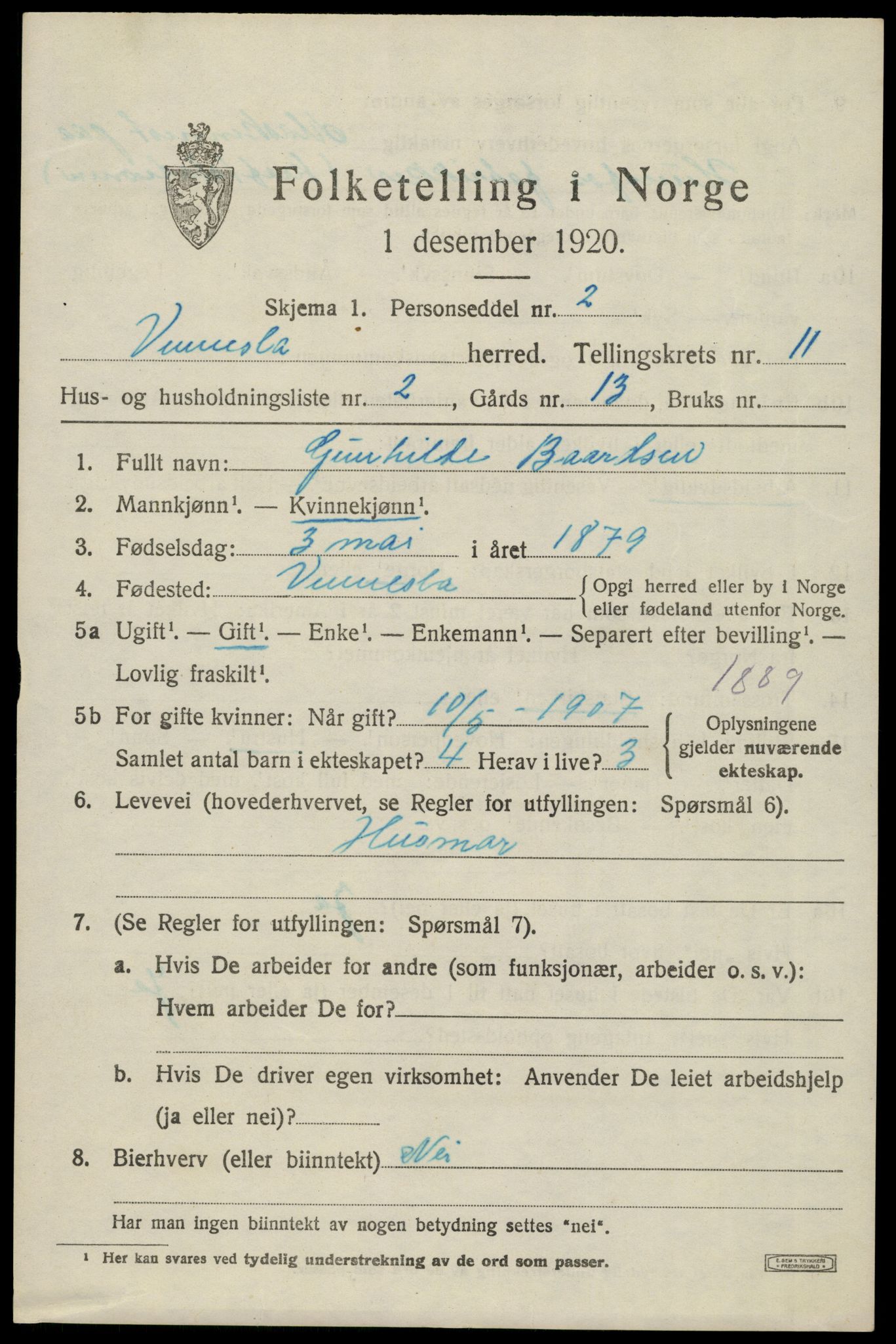 SAK, 1920 census for Vennesla, 1920, p. 7100