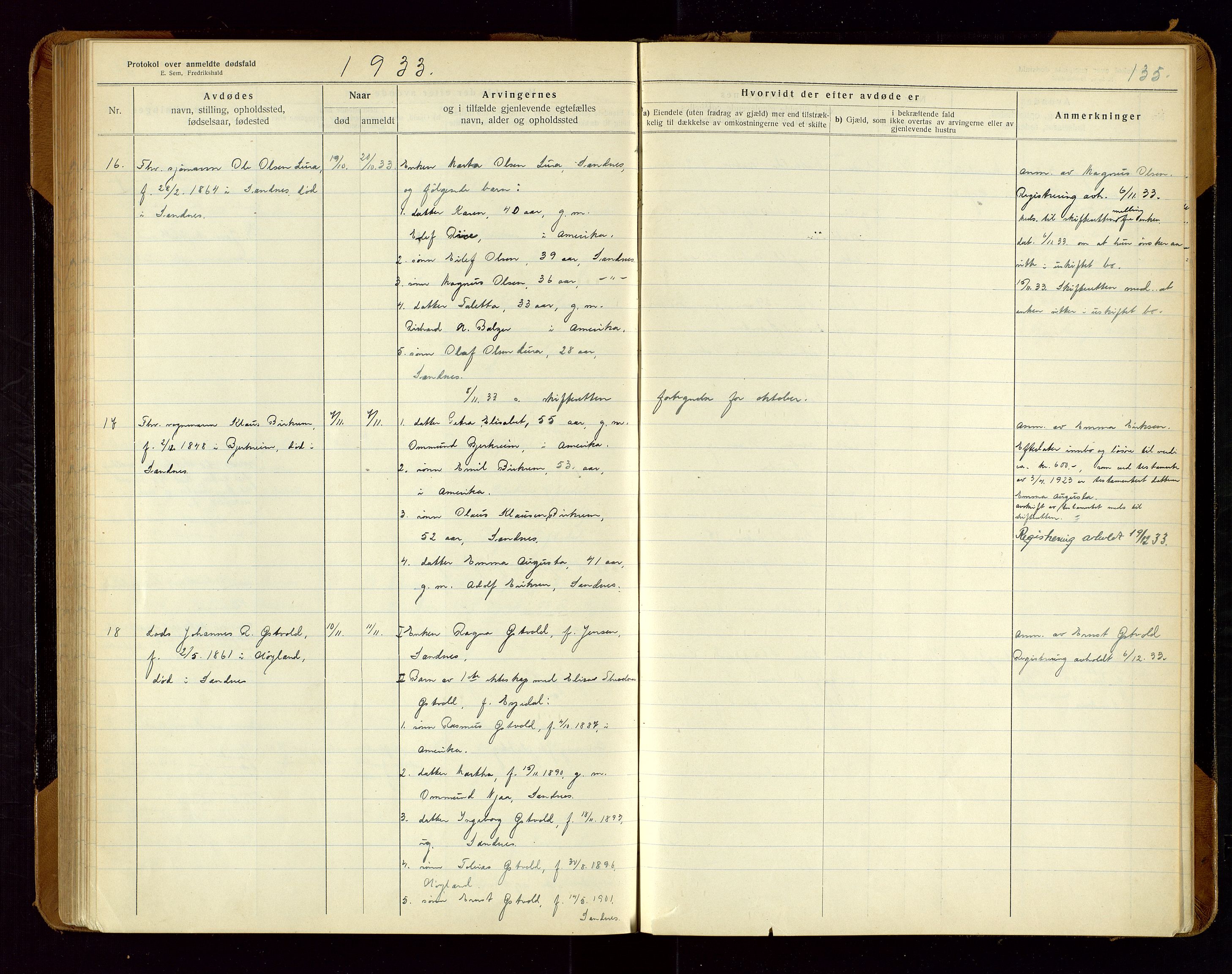 Sandnes lensmannskontor, AV/SAST-A-100167/Gga/L0001: "Protokol over anmeldte dødsfald" m/register, 1918-1940, p. 135