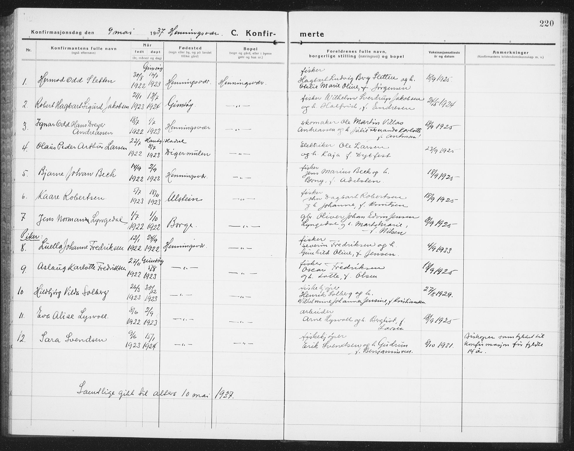 Ministerialprotokoller, klokkerbøker og fødselsregistre - Nordland, AV/SAT-A-1459/874/L1081: Parish register (copy) no. 874C10, 1925-1941, p. 220