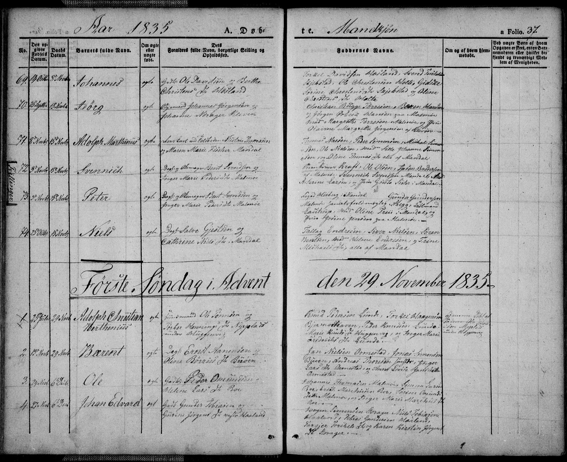 Mandal sokneprestkontor, SAK/1111-0030/F/Fa/Faa/L0011: Parish register (official) no. A 11, 1830-1839, p. 37