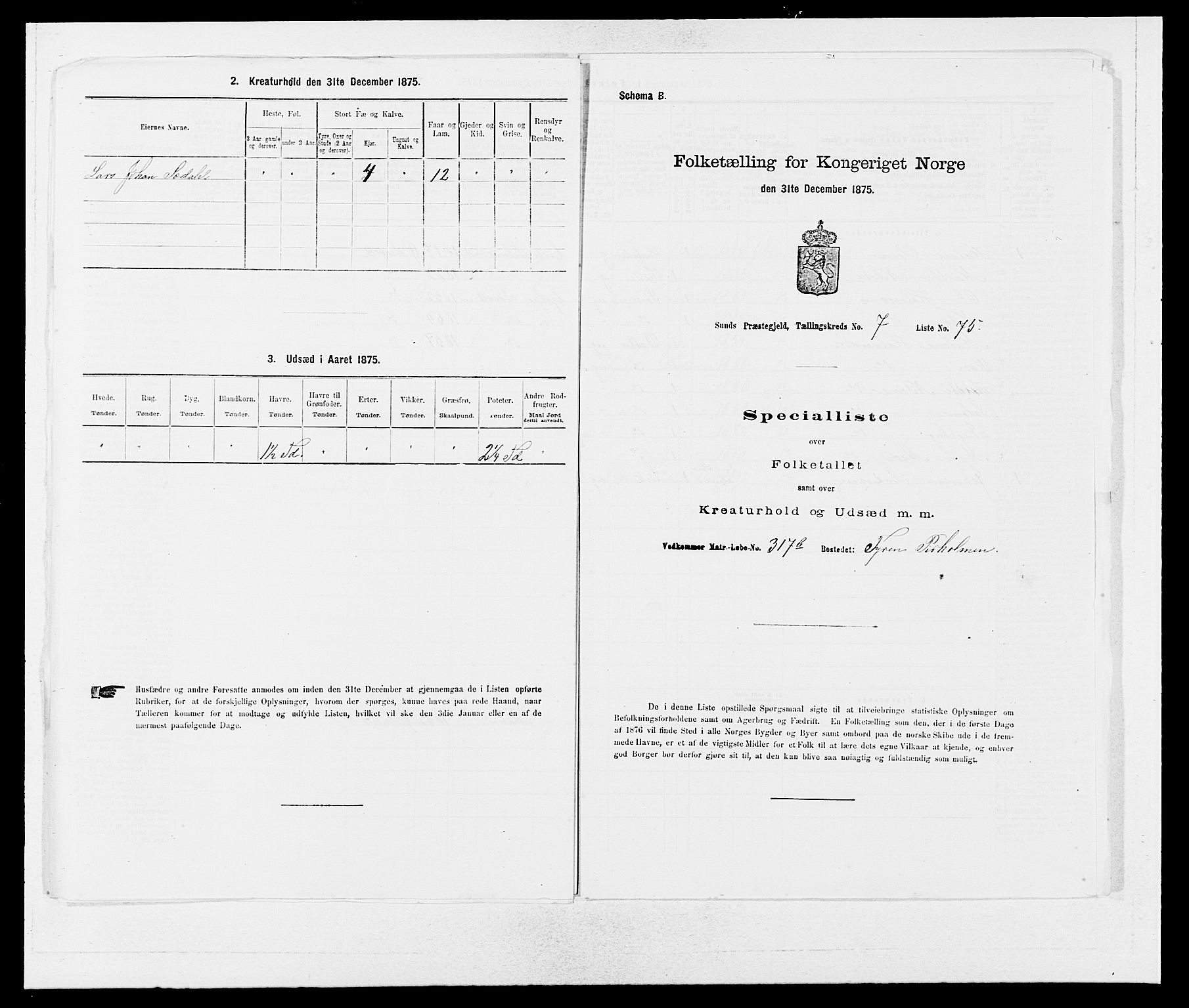 SAB, 1875 census for 1245P Sund, 1875, p. 824