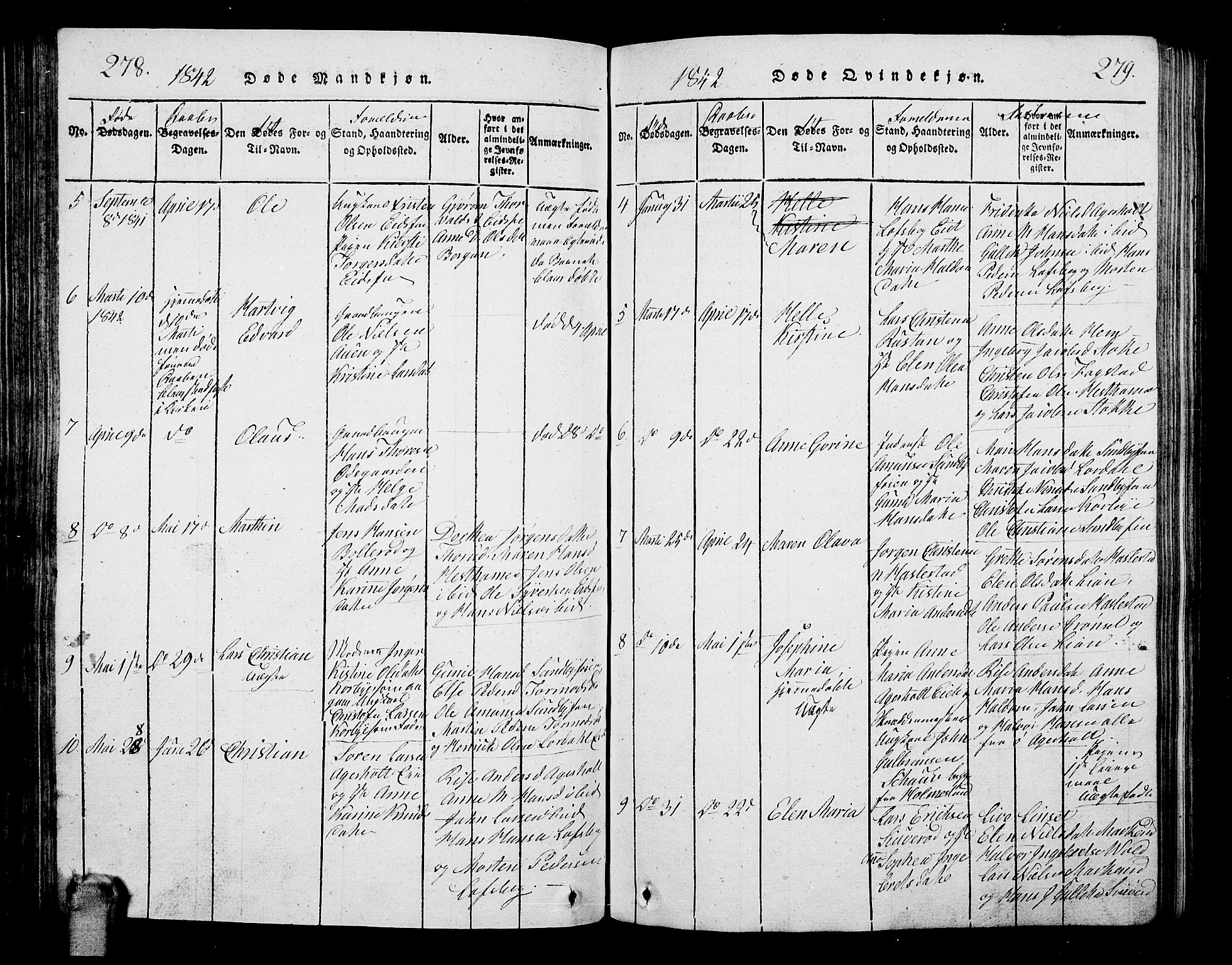 Hof kirkebøker, AV/SAKO-A-64/G/Ga/L0001: Parish register (copy) no. I 1, 1814-1844, p. 278-279