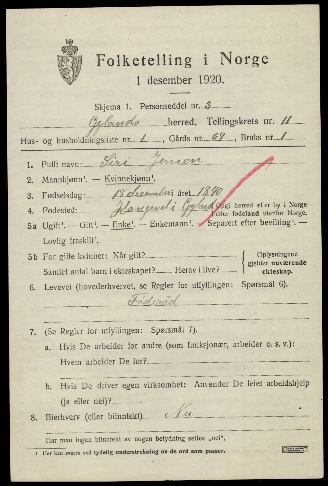 SAK, 1920 census for Gyland, 1920, p. 2304