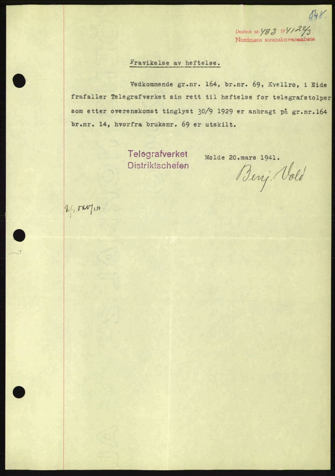 Nordmøre sorenskriveri, AV/SAT-A-4132/1/2/2Ca: Mortgage book no. B87, 1940-1941, Diary no: : 483/1941