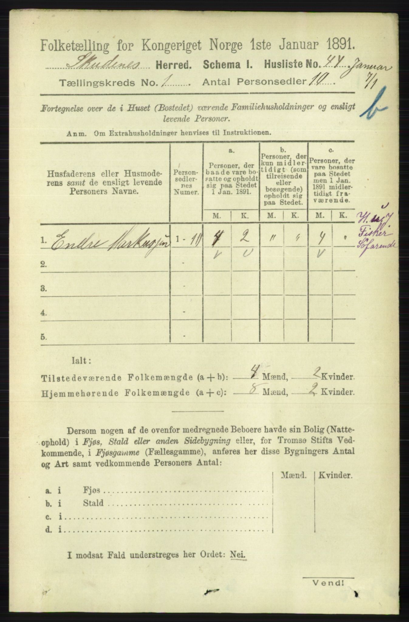 RA, 1891 census for 1150 Skudenes, 1891, p. 3389