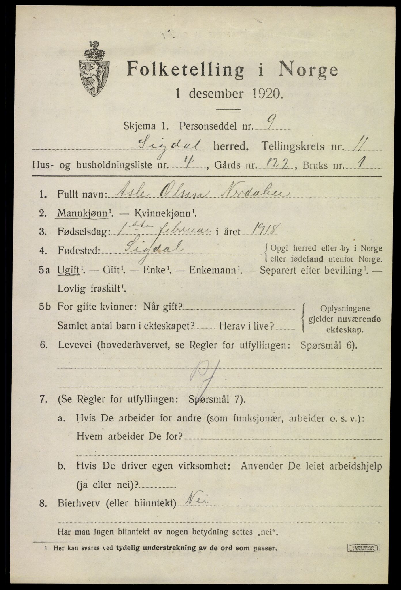 SAKO, 1920 census for Sigdal, 1920, p. 7630