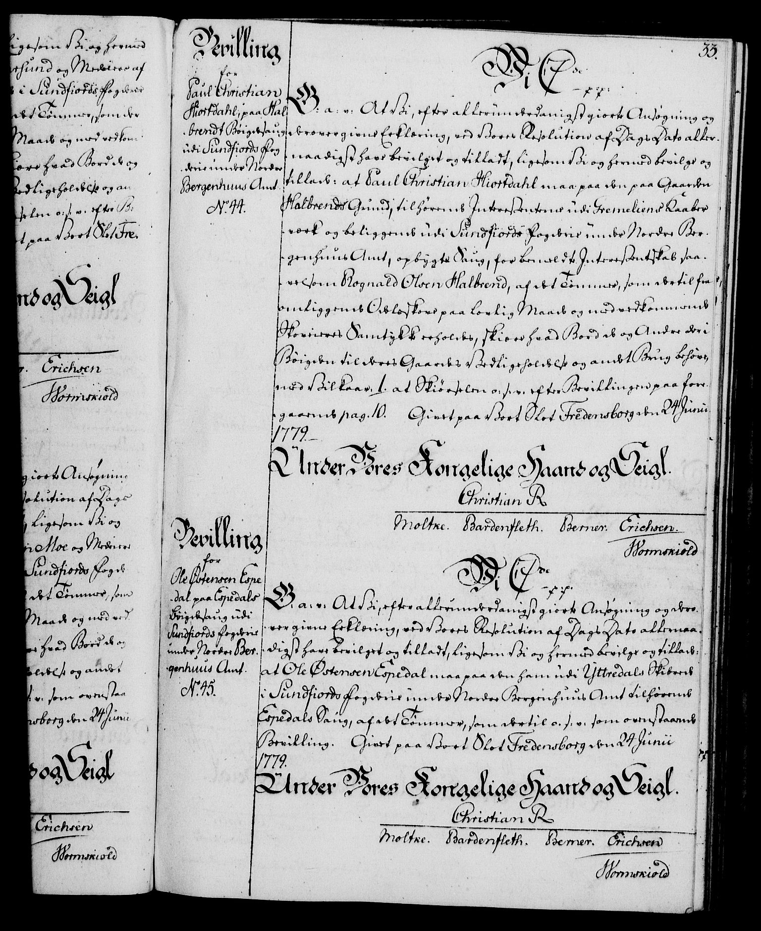 Rentekammeret, Kammerkanselliet, RA/EA-3111/G/Gg/Gga/L0011: Norsk ekspedisjonsprotokoll med register (merket RK 53.11), 1779-1781, p. 33