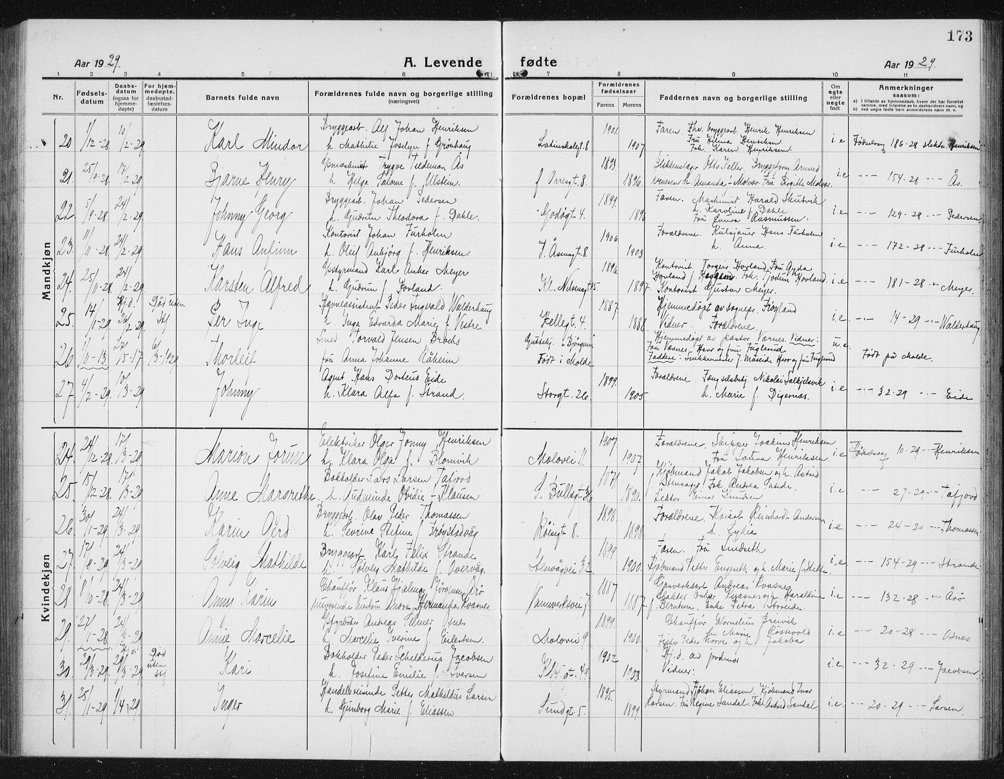 Ministerialprotokoller, klokkerbøker og fødselsregistre - Møre og Romsdal, AV/SAT-A-1454/529/L0475: Parish register (copy) no. 529C12, 1921-1934, p. 173