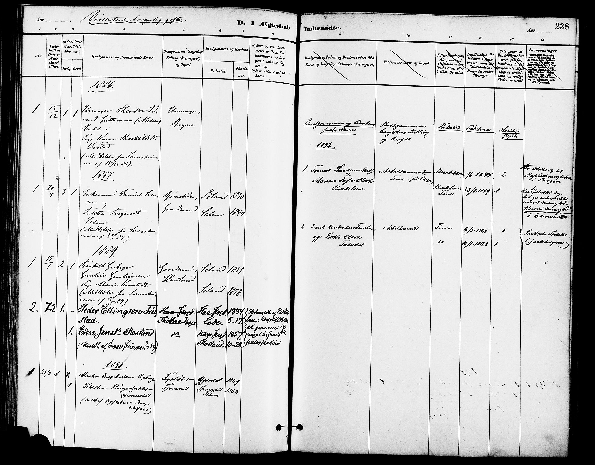 Lye sokneprestkontor, SAST/A-101794/001/30BA/L0009: Parish register (official) no. A 8, 1881-1892, p. 238