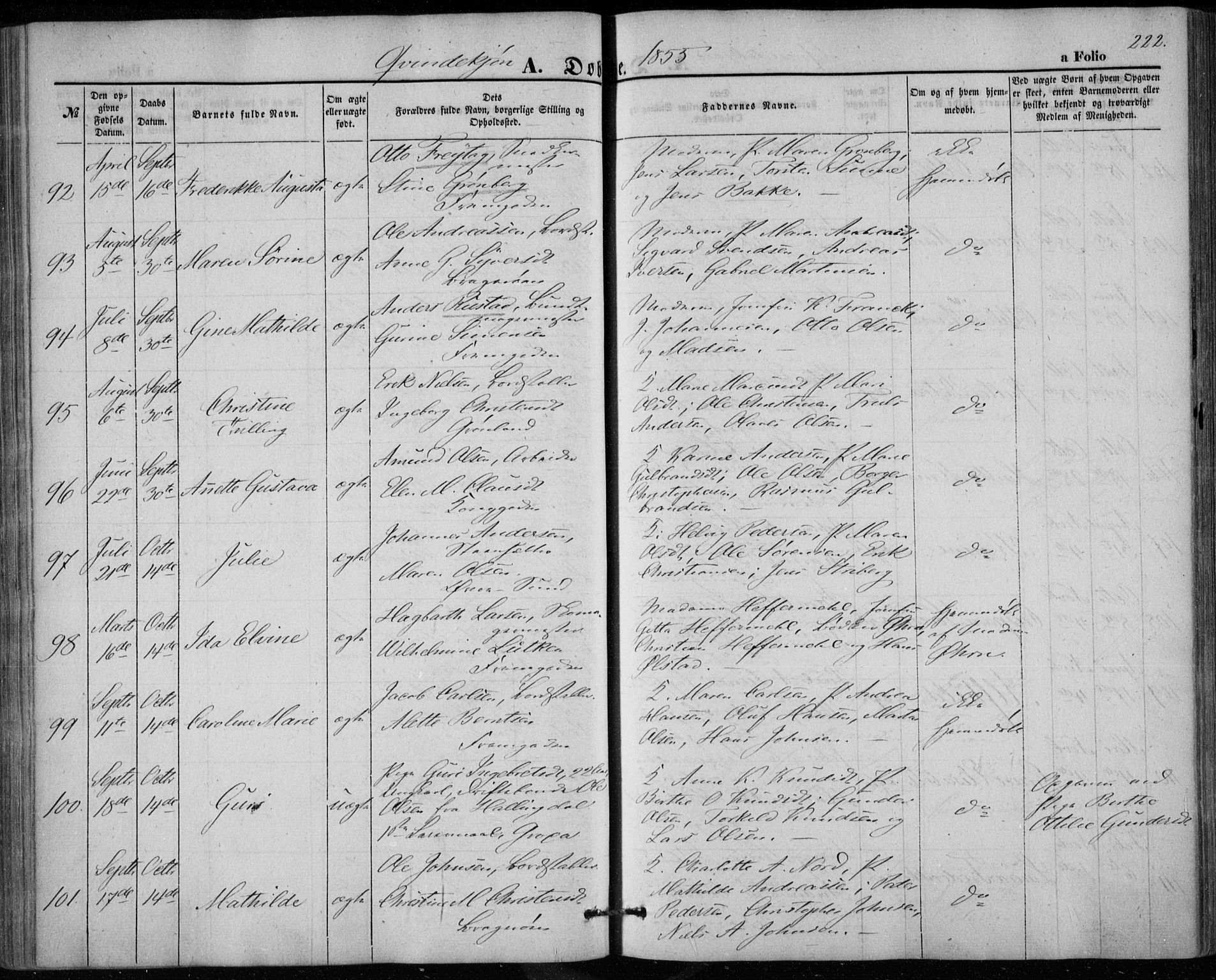 Bragernes kirkebøker, AV/SAKO-A-6/F/Fb/L0002: Parish register (official) no. II 2, 1848-1859, p. 222