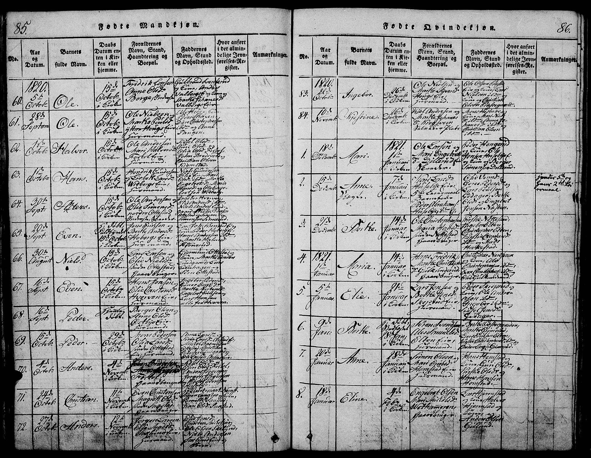Stange prestekontor, SAH/PREST-002/K/L0008: Parish register (official) no. 8, 1814-1825, p. 85-86