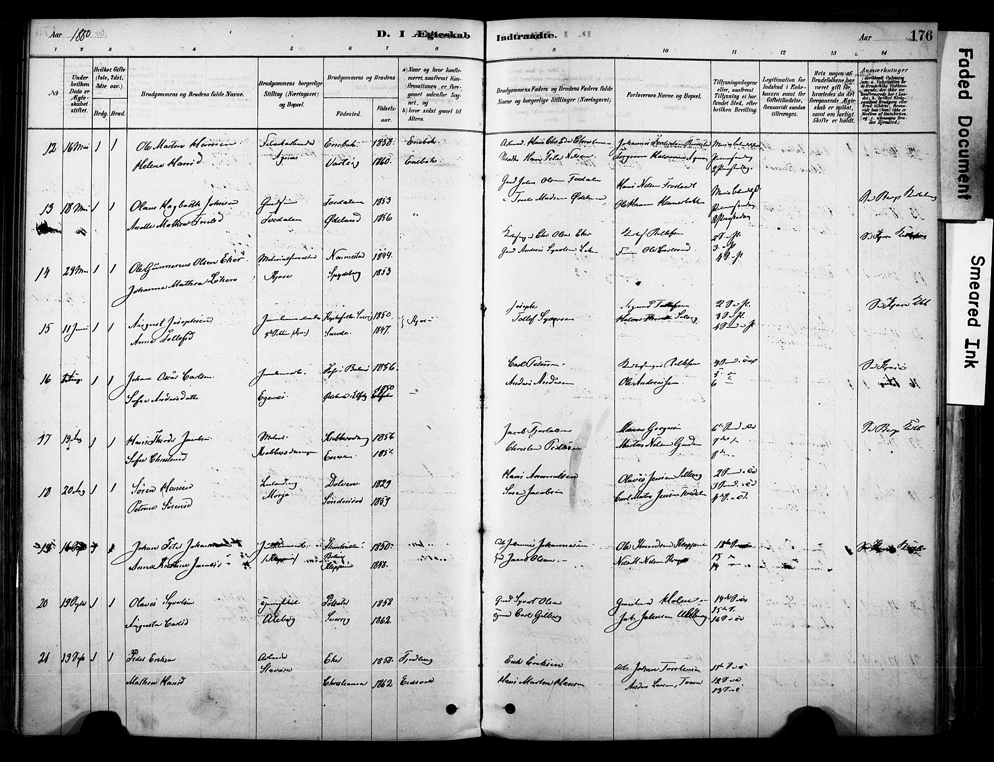 Brunlanes kirkebøker, AV/SAKO-A-342/F/Fc/L0001: Parish register (official) no. III 1, 1878-1899, p. 176