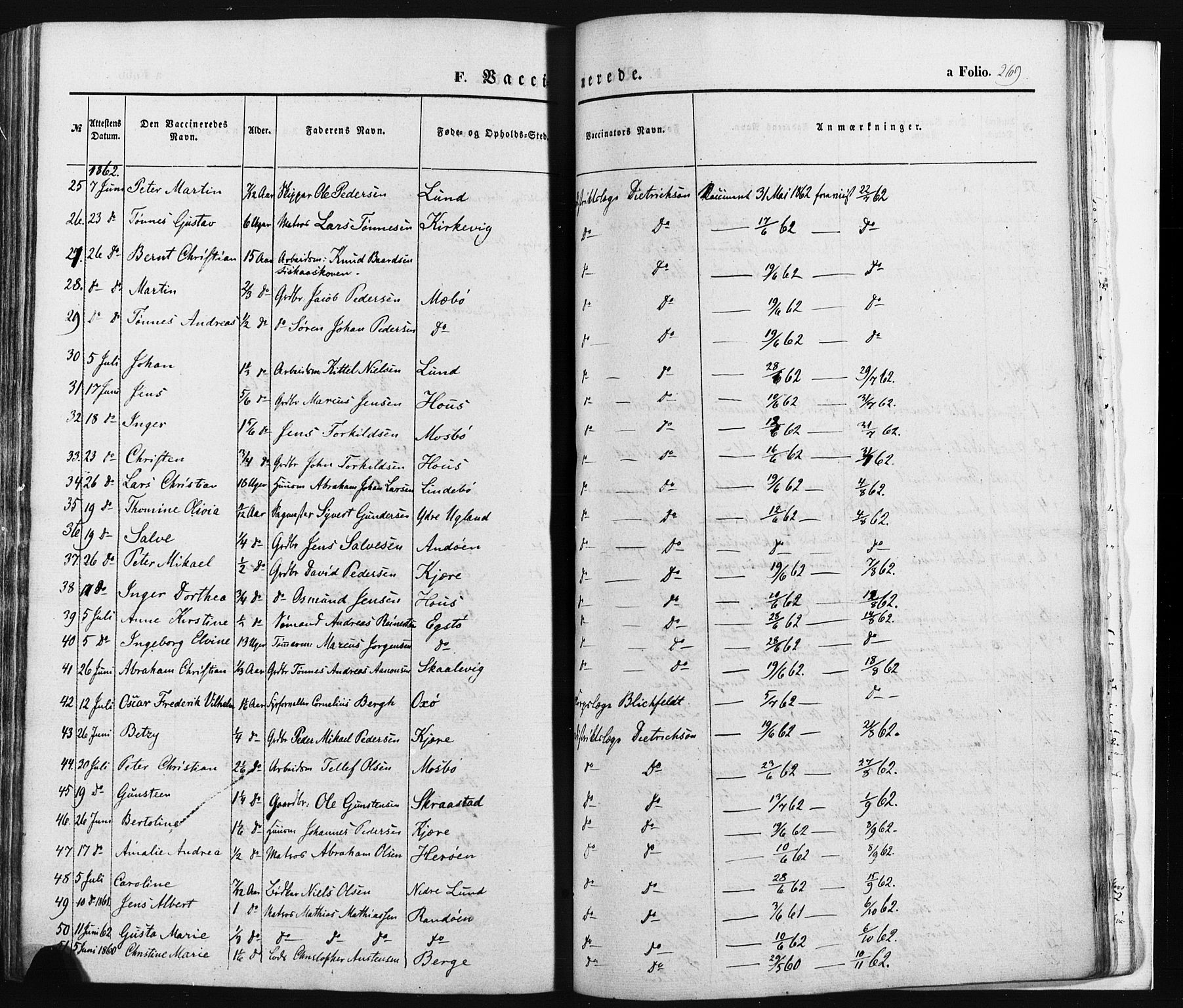 Oddernes sokneprestkontor, SAK/1111-0033/F/Fa/Faa/L0007: Parish register (official) no. A 7, 1851-1863, p. 269