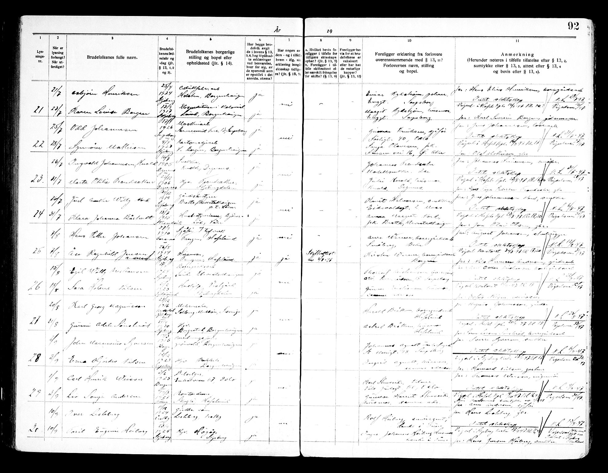 Skjeberg prestekontor Kirkebøker, SAO/A-10923/H/Hc/L0001: Banns register no. III 1, 1919-1949, p. 92
