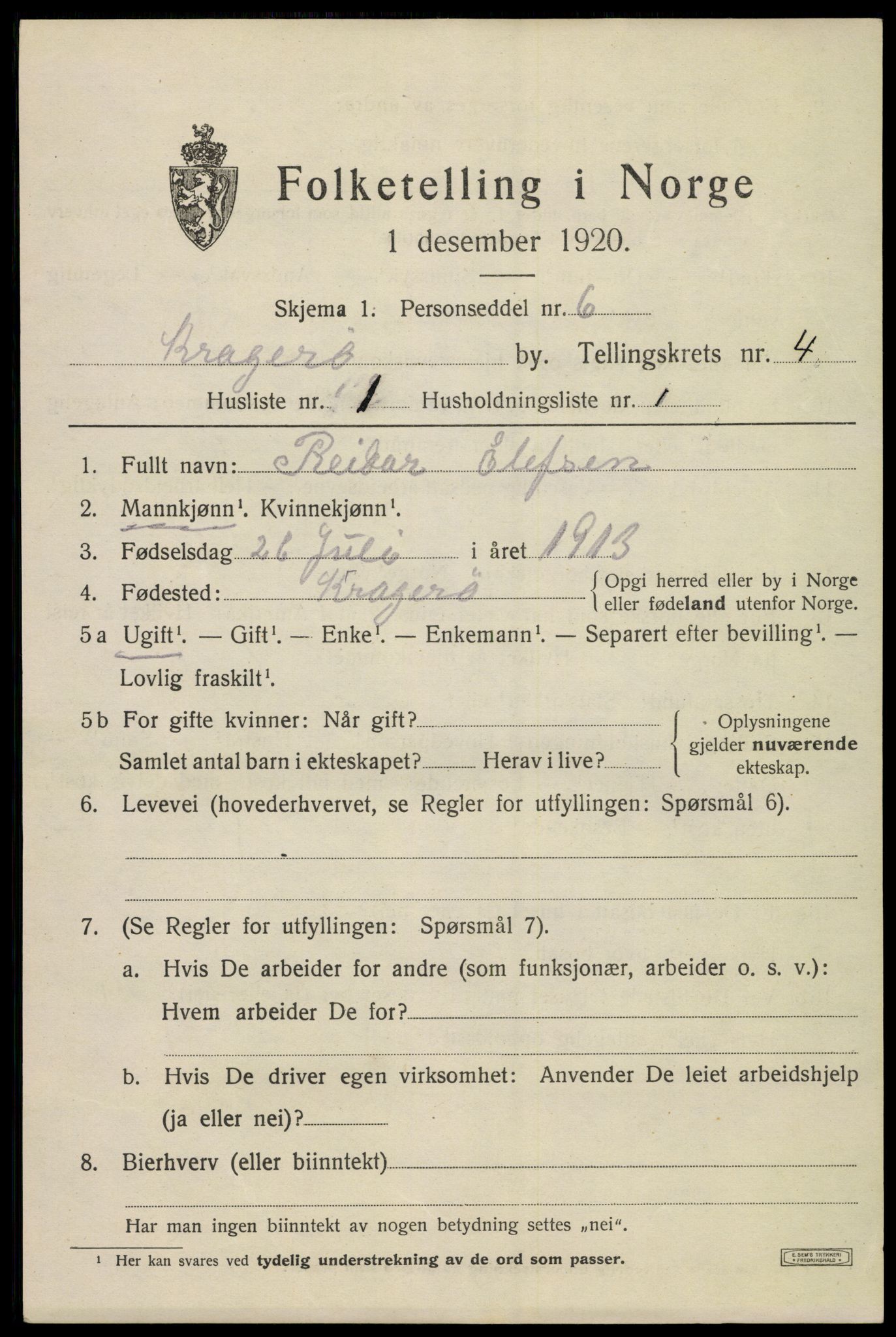 SAKO, 1920 census for Kragerø, 1920, p. 7707