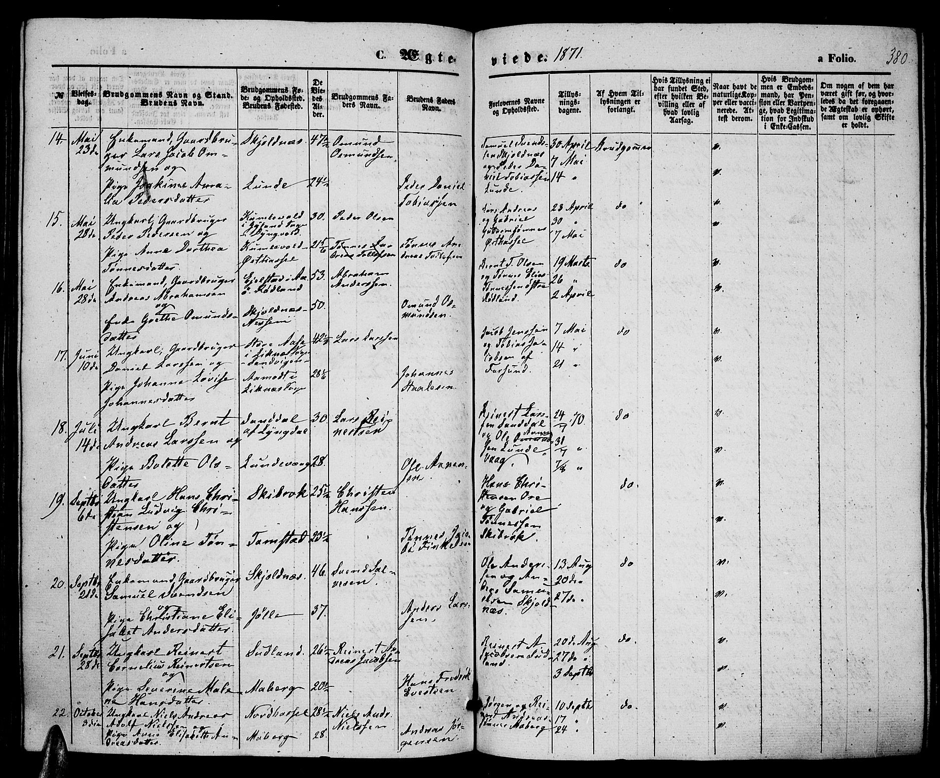 Lista sokneprestkontor, SAK/1111-0027/F/Fb/L0003: Parish register (copy) no. B 3, 1862-1877, p. 380