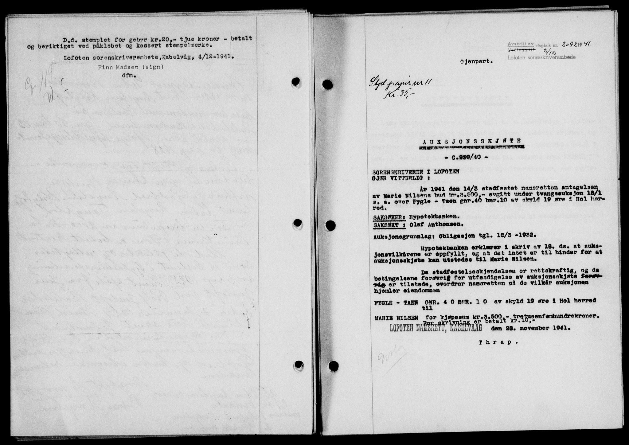 Lofoten sorenskriveri, SAT/A-0017/1/2/2C/L0009a: Mortgage book no. 9a, 1941-1942, Diary no: : 2092/1941