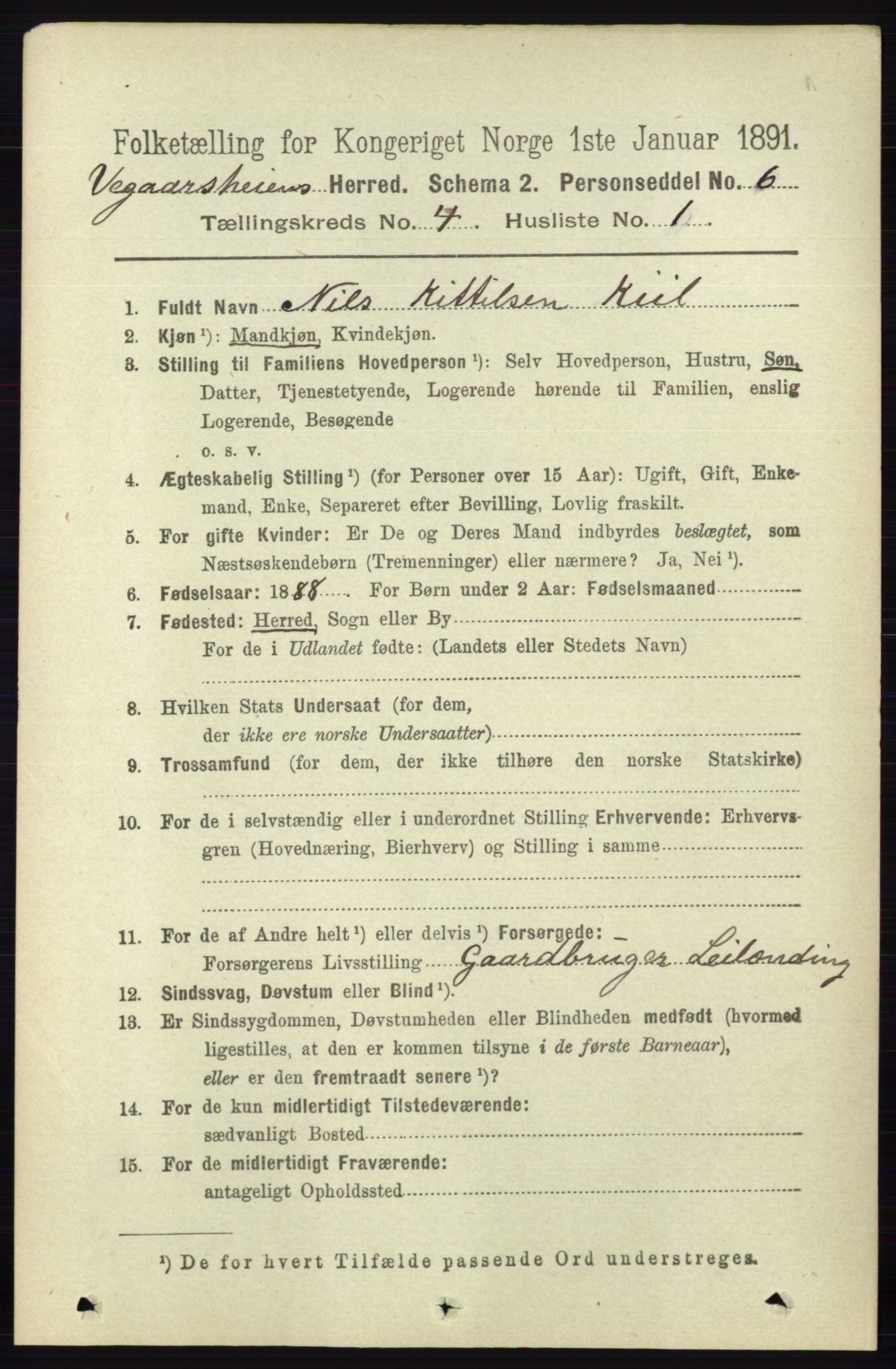 RA, 1891 census for 0912 Vegårshei, 1891, p. 763