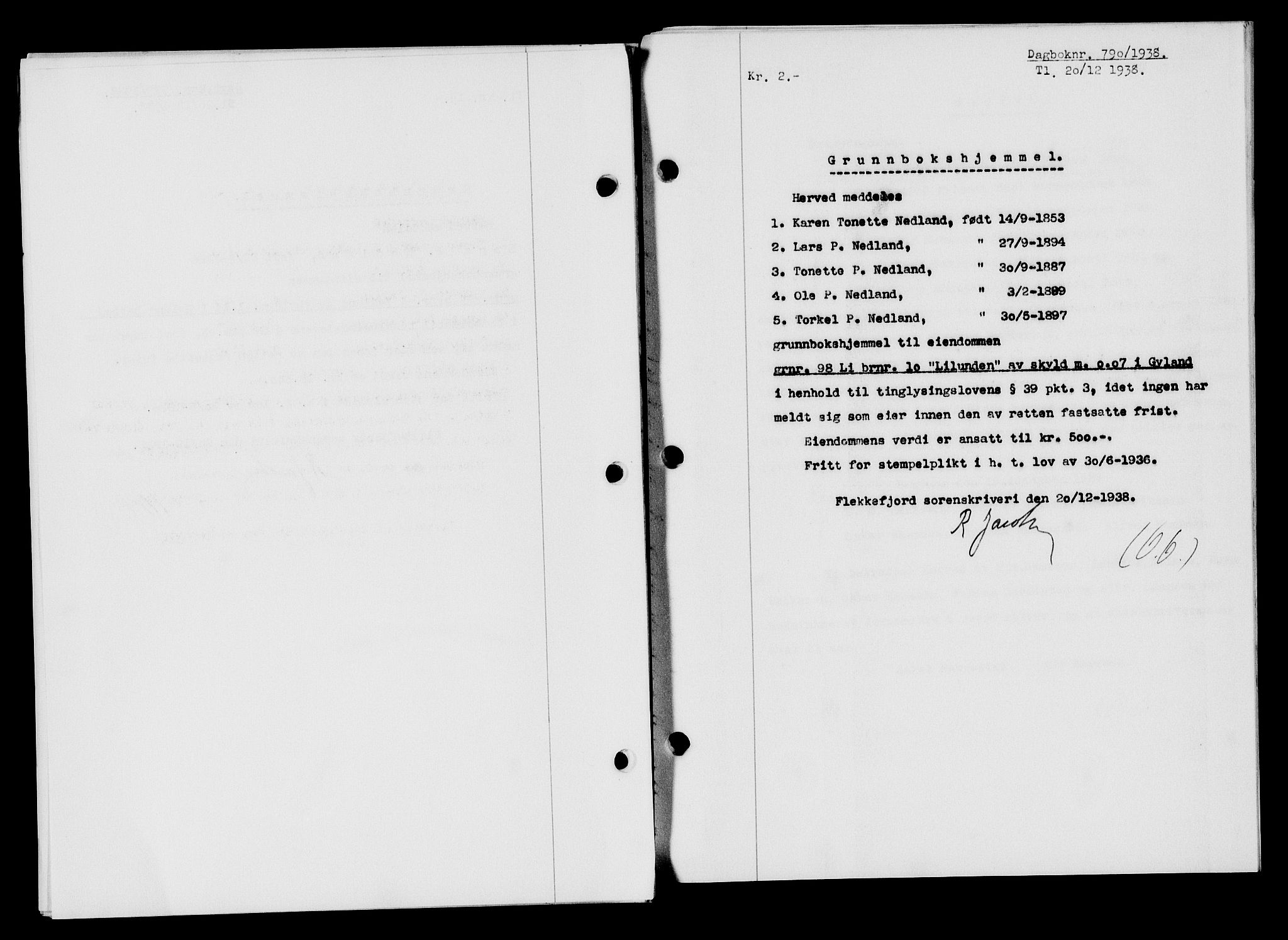 Flekkefjord sorenskriveri, SAK/1221-0001/G/Gb/Gba/L0054: Mortgage book no. A-2, 1937-1938, Diary no: : 790/1938
