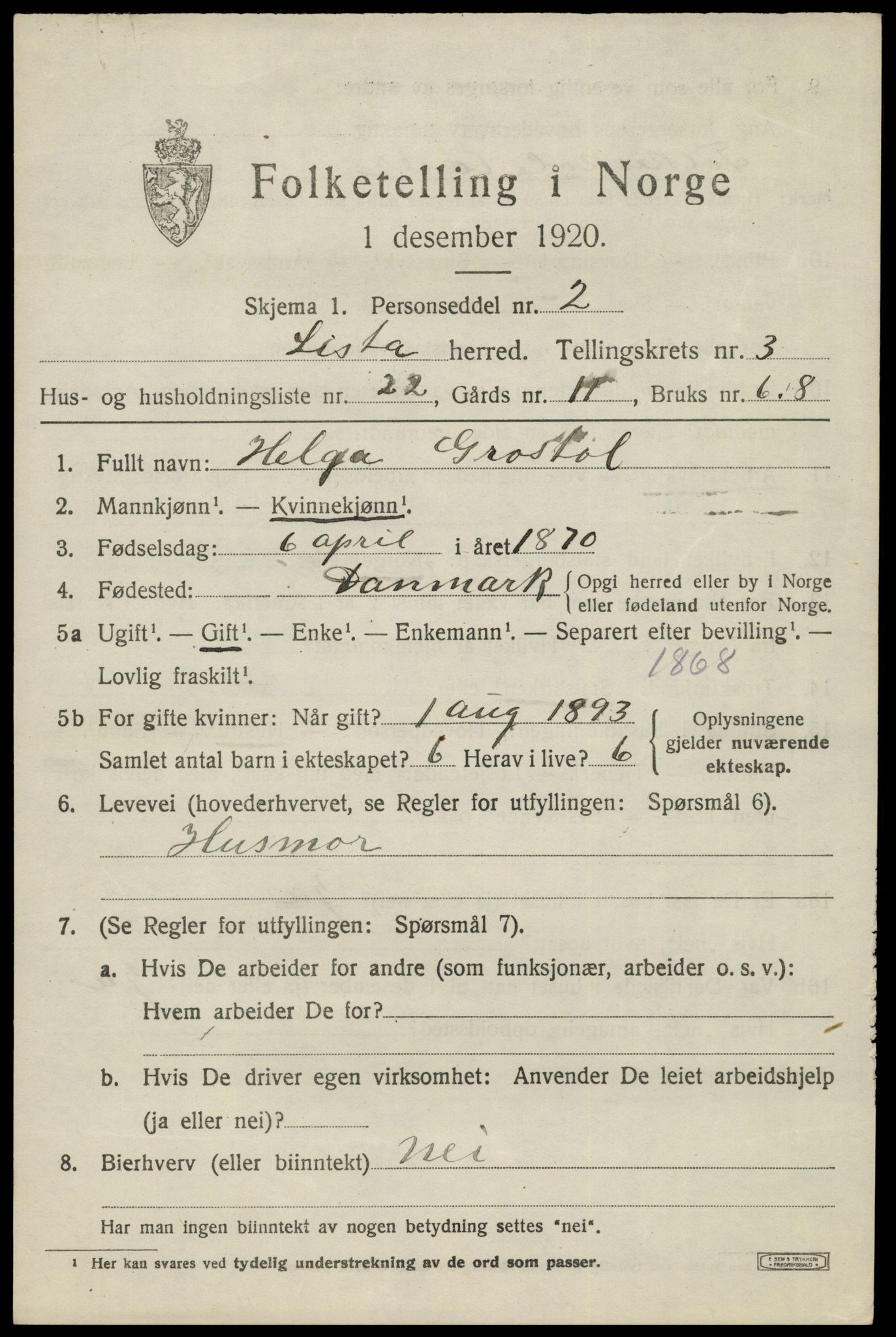 SAK, 1920 census for Lista, 1920, p. 4633