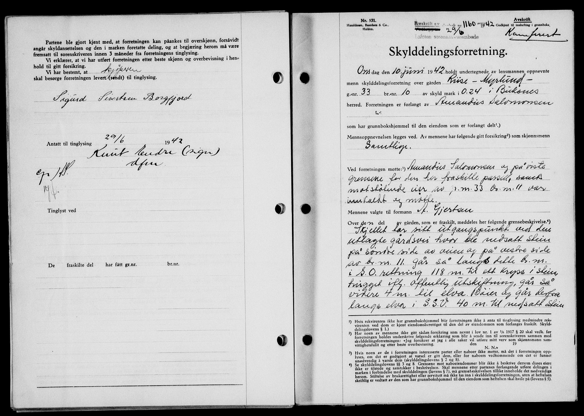 Lofoten sorenskriveri, SAT/A-0017/1/2/2C/L0010a: Mortgage book no. 10a, 1942-1943, Diary no: : 1160/1942
