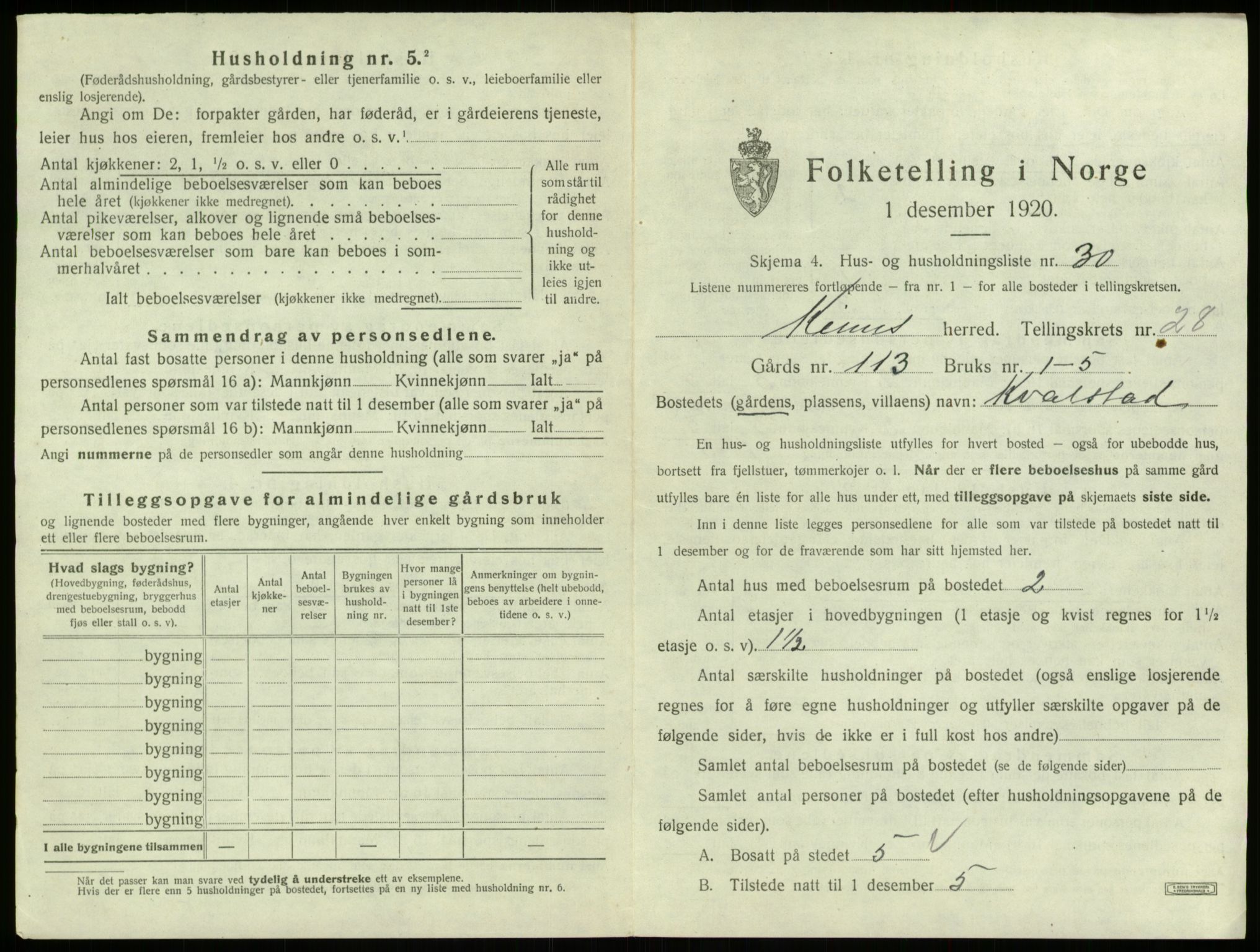 SAB, 1920 census for Kinn, 1920, p. 1401