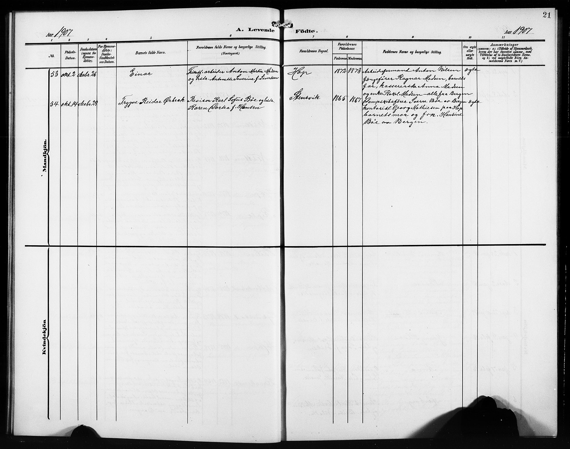 Birkeland Sokneprestembete, AV/SAB-A-74601/H/Hab: Parish register (copy) no. A 6, 1906-1915, p. 21