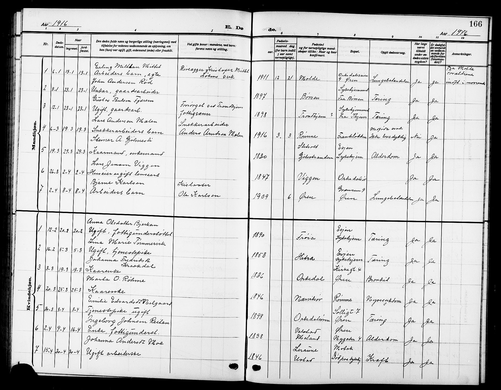 Ministerialprotokoller, klokkerbøker og fødselsregistre - Sør-Trøndelag, SAT/A-1456/669/L0831: Parish register (copy) no. 669C01, 1909-1924, p. 166