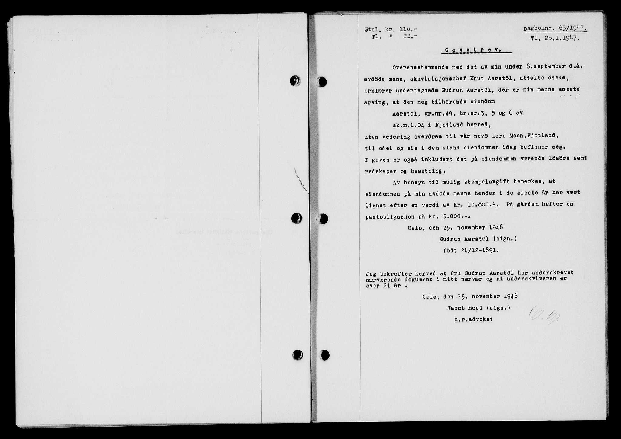Flekkefjord sorenskriveri, SAK/1221-0001/G/Gb/Gba/L0061: Mortgage book no. A-9, 1946-1947, Diary no: : 65/1947