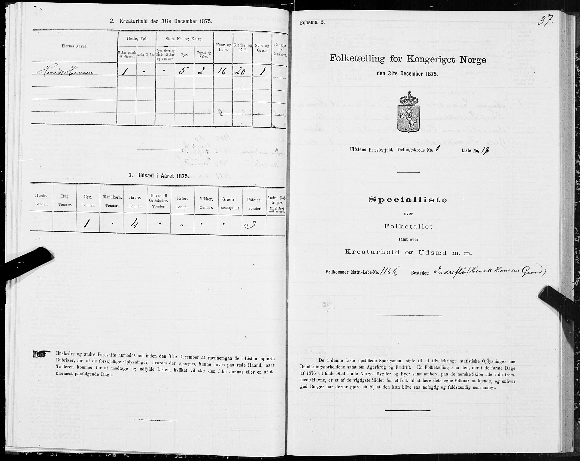 SAT, 1875 census for 1516P Ulstein, 1875, p. 1037