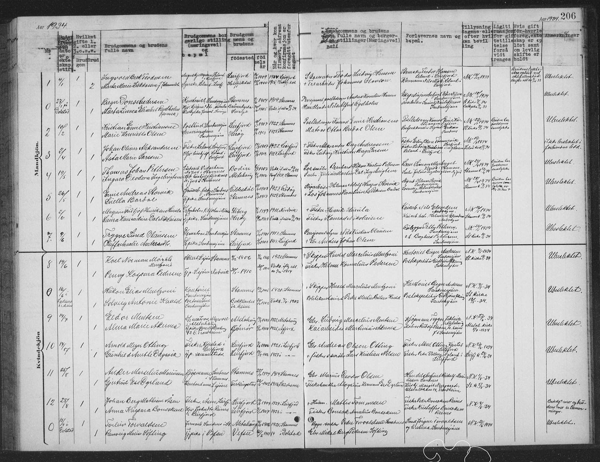 Ministerialprotokoller, klokkerbøker og fødselsregistre - Nordland, AV/SAT-A-1459/831/L0479: Parish register (copy) no. 831C06, 1897-1936, p. 206