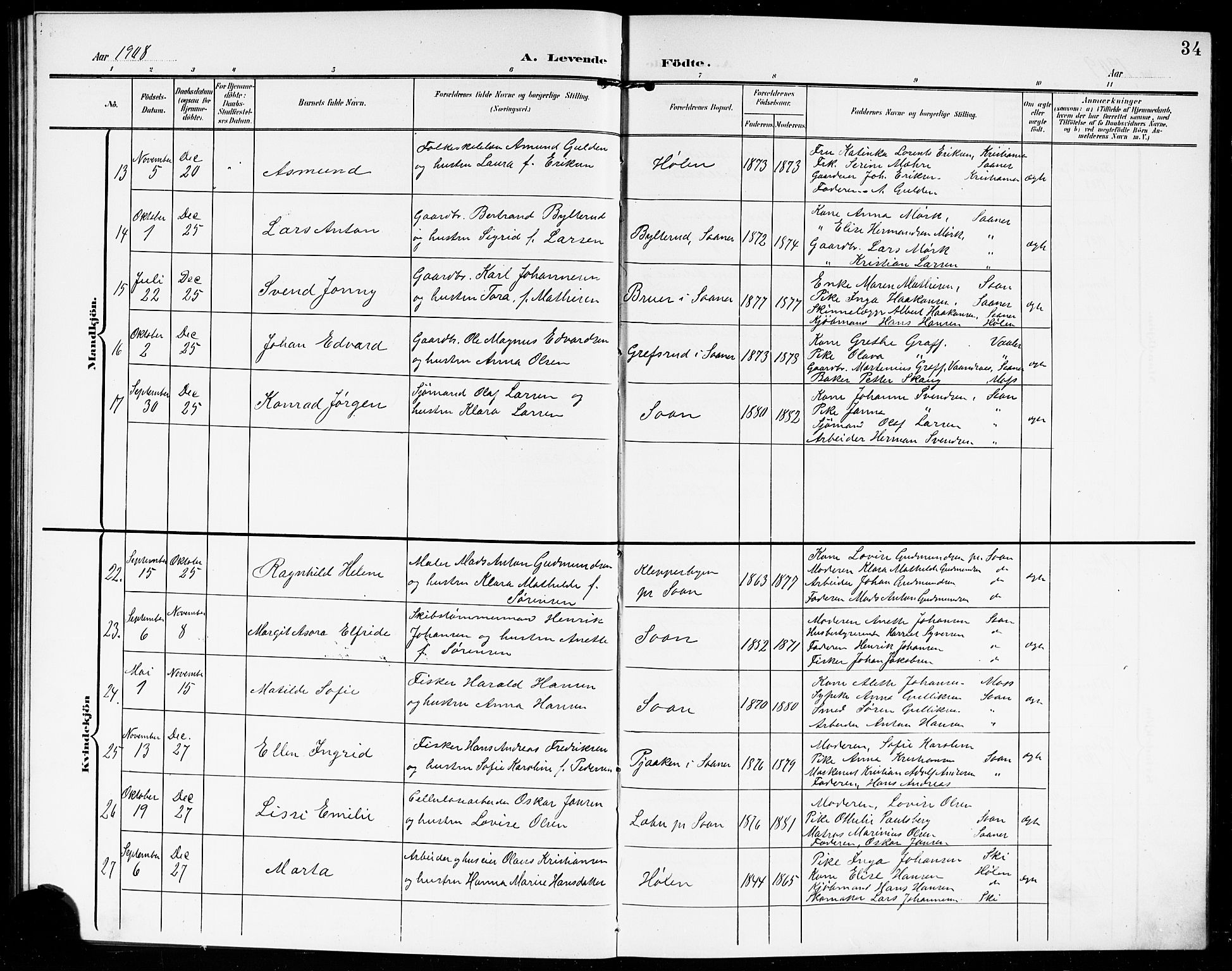 Vestby prestekontor Kirkebøker, SAO/A-10893/G/Gb/L0002: Parish register (copy) no. II 2, 1903-1914, p. 34