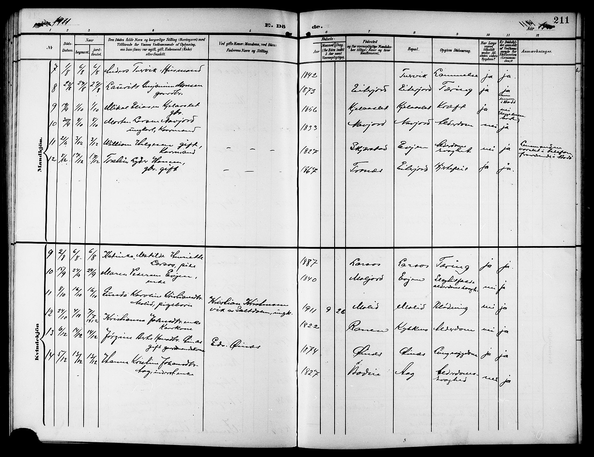 Ministerialprotokoller, klokkerbøker og fødselsregistre - Nordland, AV/SAT-A-1459/846/L0655: Parish register (copy) no. 846C05, 1902-1916, p. 211