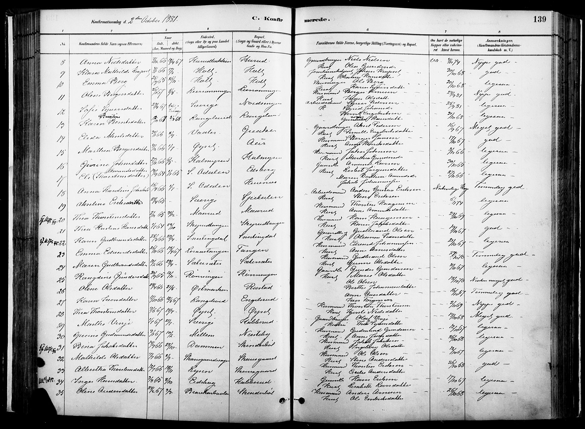 Vinger prestekontor, SAH/PREST-024/H/Ha/Haa/L0014: Parish register (official) no. 14, 1881-1900, p. 139