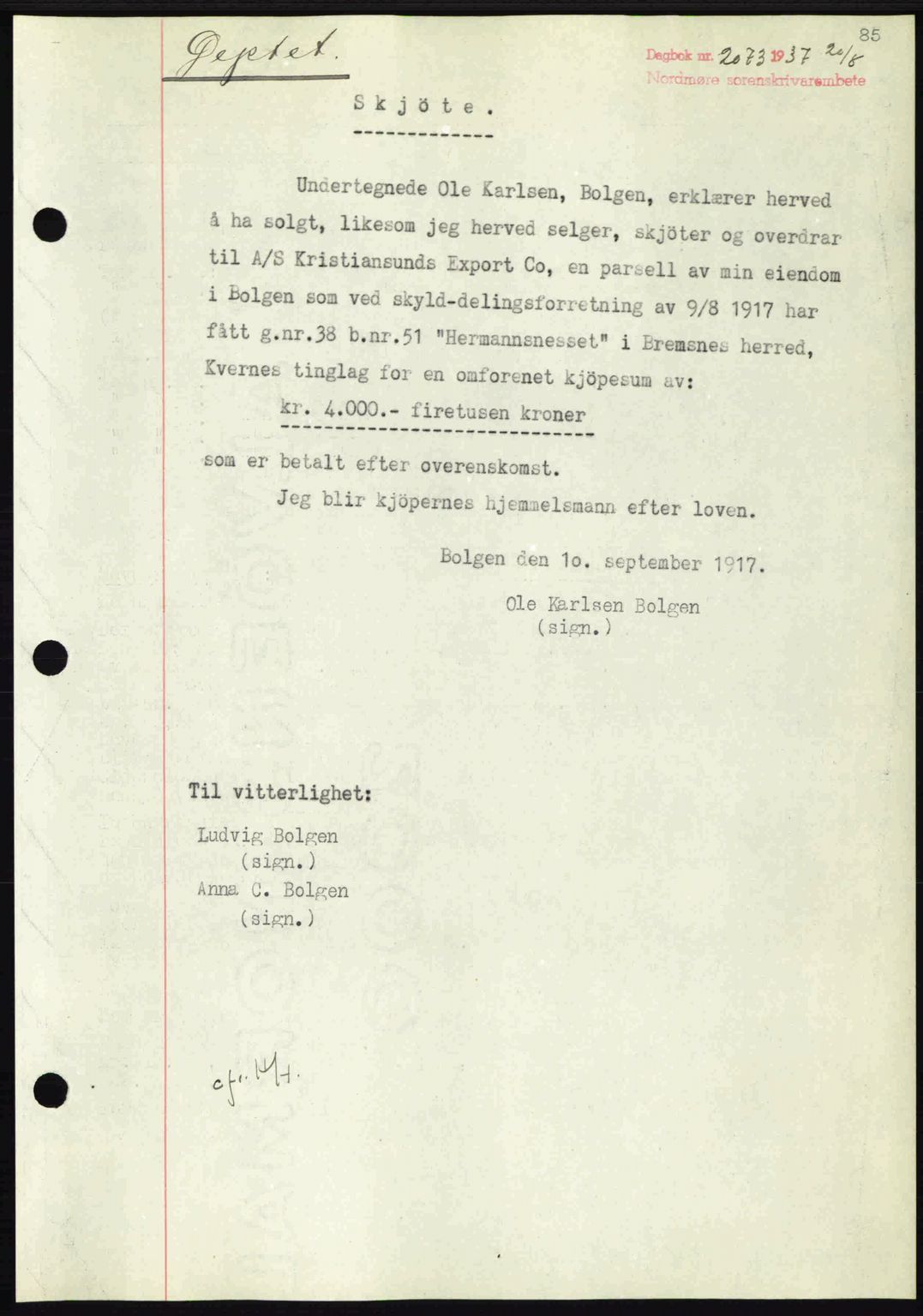 Nordmøre sorenskriveri, SAT/A-4132/1/2/2Ca: Mortgage book no. A82, 1937-1938, Diary no: : 2073/1937