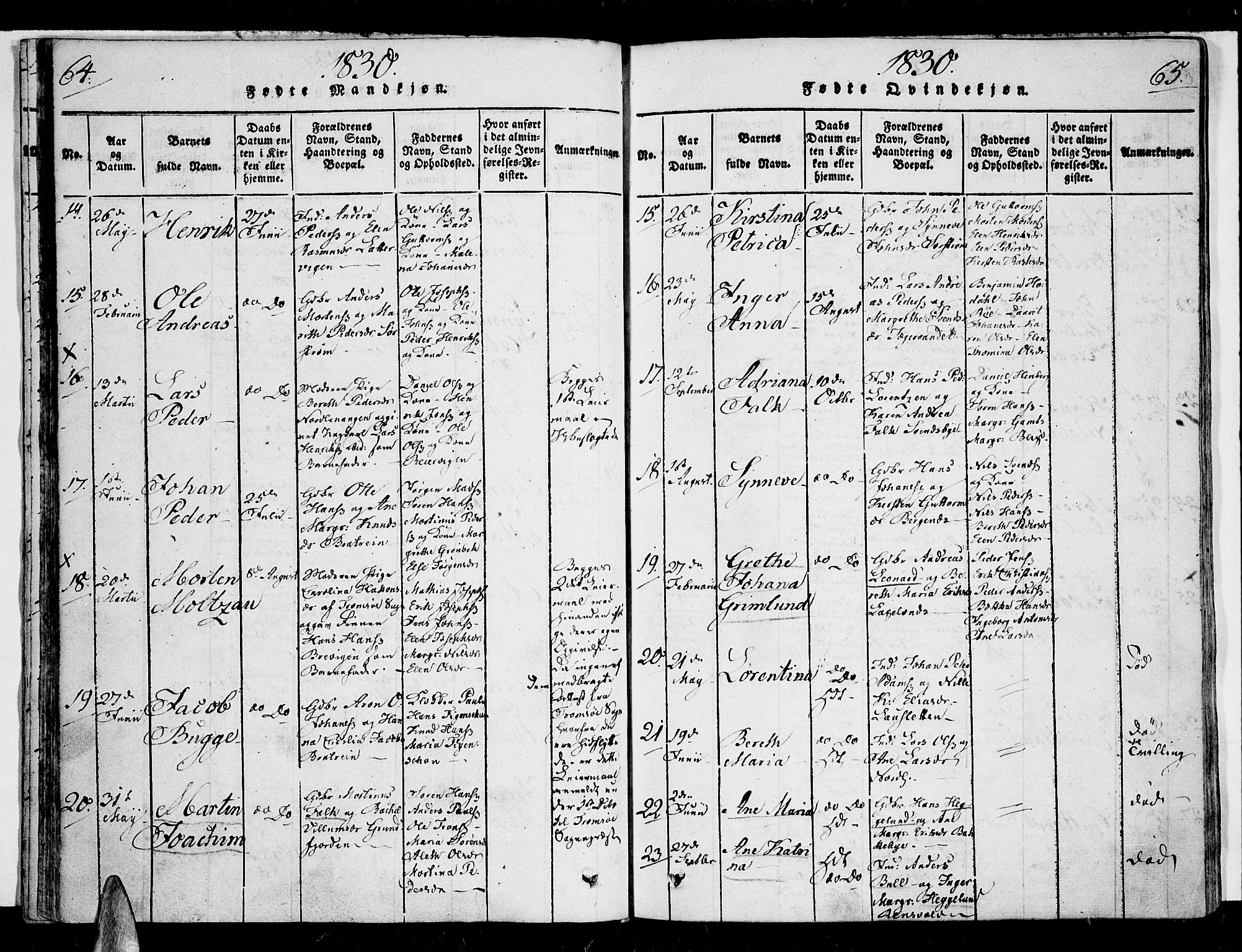 Karlsøy sokneprestembete, AV/SATØ-S-1299/H/Ha/Haa/L0002kirke: Parish register (official) no. 2, 1823-1842, p. 64-65