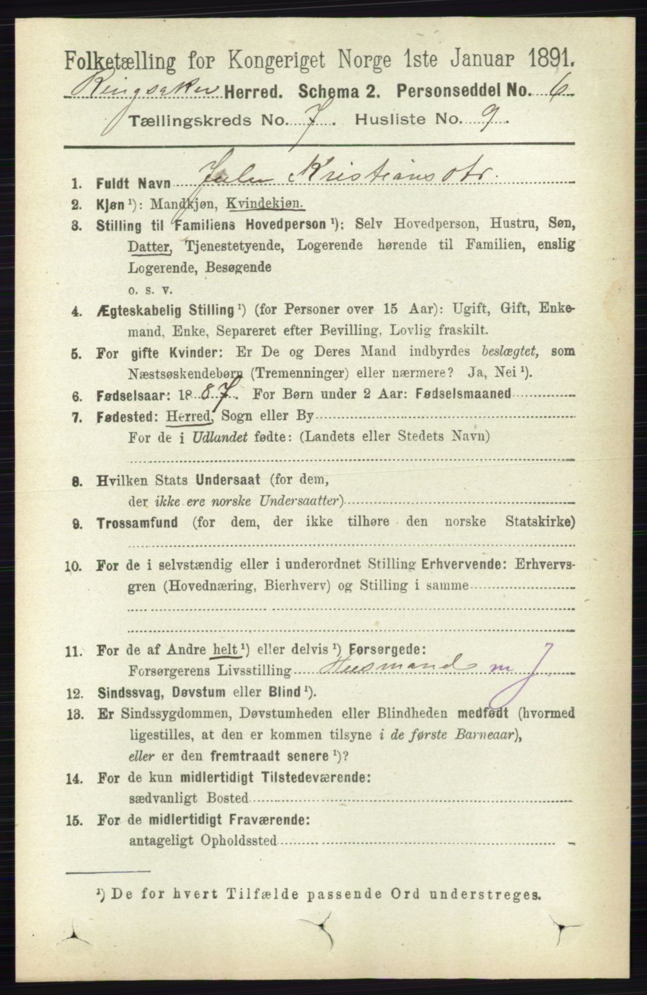 RA, 1891 census for 0412 Ringsaker, 1891, p. 3936