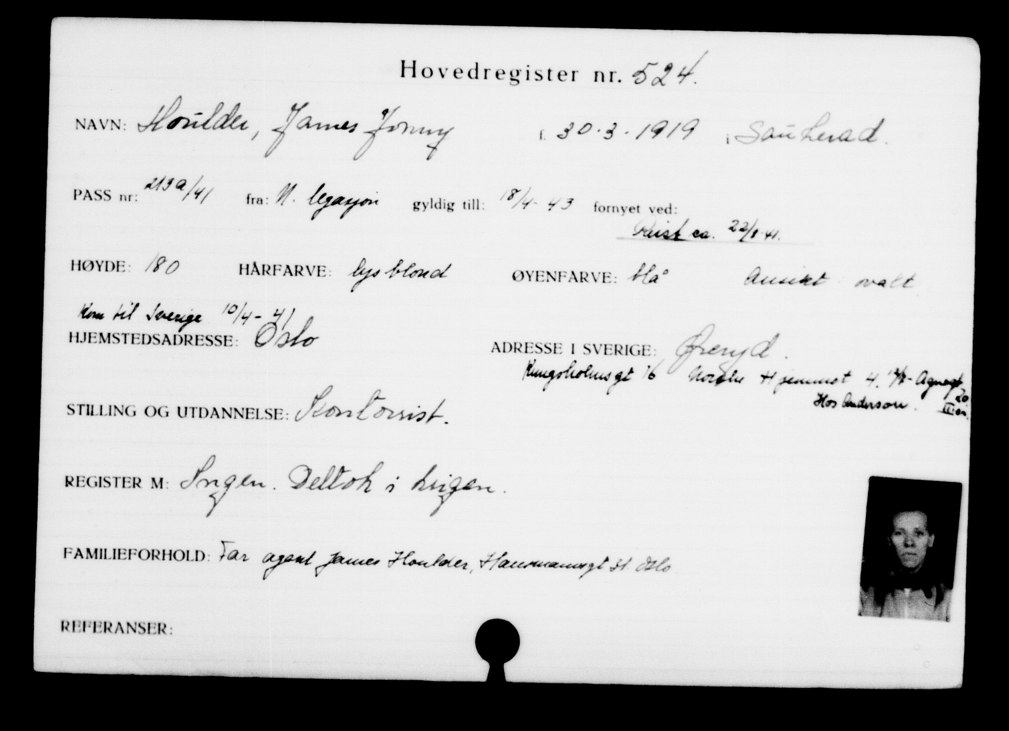 Utenriksstasjonene, Legasjonen i Stockholm, Flyktningkontoret, AV/RA-S-6753/V/Va/L0001: Kjesäterkartoteket, flyktninger med registreringsnr. 1-1000, 1940-1945, p. 811