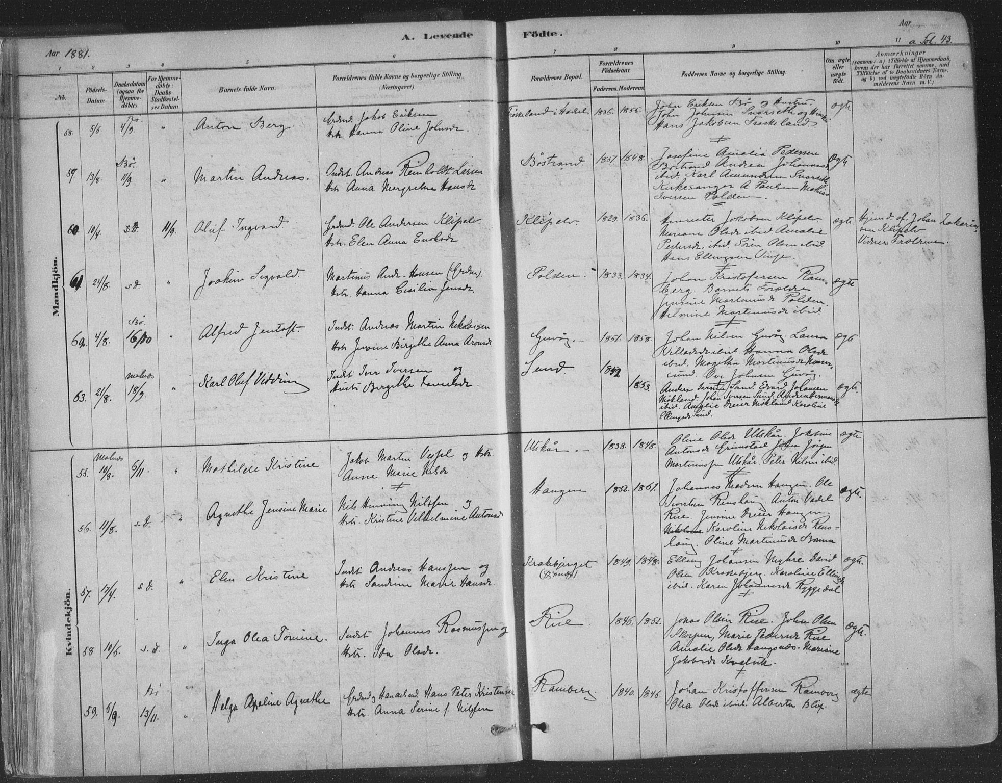 Ministerialprotokoller, klokkerbøker og fødselsregistre - Nordland, AV/SAT-A-1459/891/L1302: Parish register (official) no. 891A07, 1878-1895, p. 43