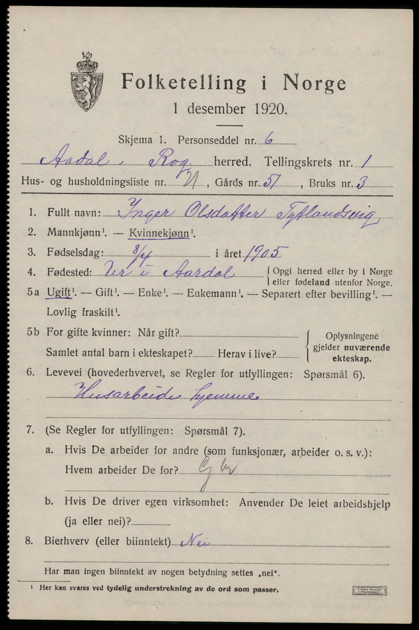 SAST, 1920 census for Årdal, 1920, p. 588