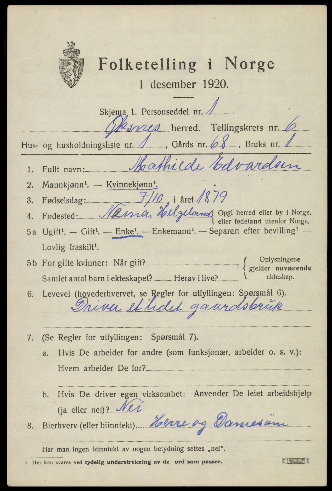 SAT, 1920 census for Øksnes, 1920, p. 4842